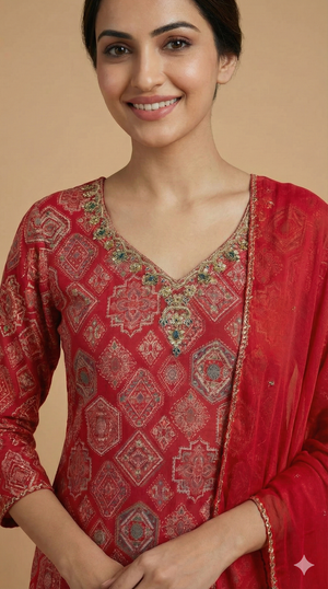 Red Geometric Foil Printed Viscose Straight-Cut Salwar Suit Perfect for Festive Wear