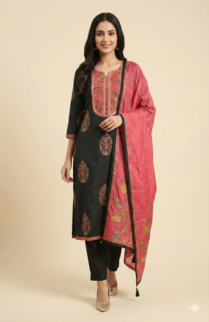 Elegance Black Muslin Straight Cut Salwar Suit with Delicate Floral Motifs