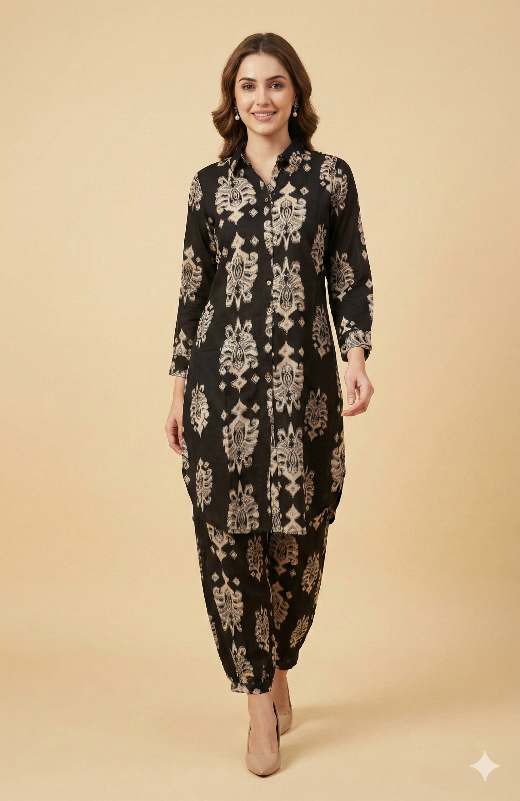 Sophisticated Black Ethnic Motif Printed Rayon Co-Ord Set With A Classic Shirt Collar Look