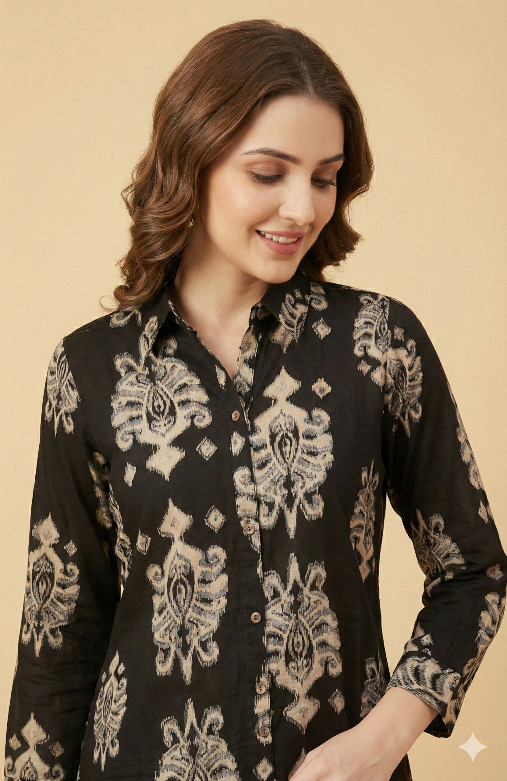 Sophisticated Black Ethnic Motif Printed Rayon Co-Ord Set With A Classic Shirt Collar Look