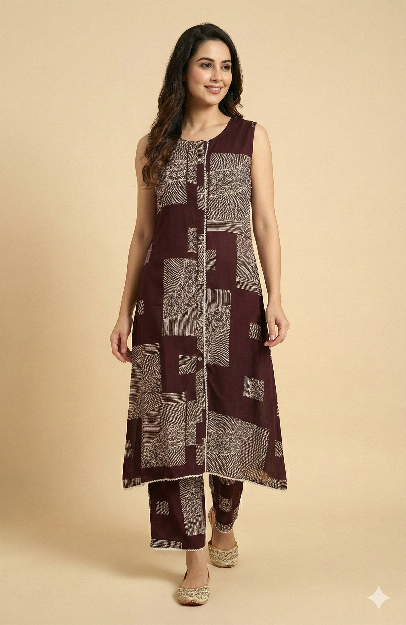 Wine Geometric Patterned Rayon Two-Piece Set Offering a Chic and Trendy Casual Style