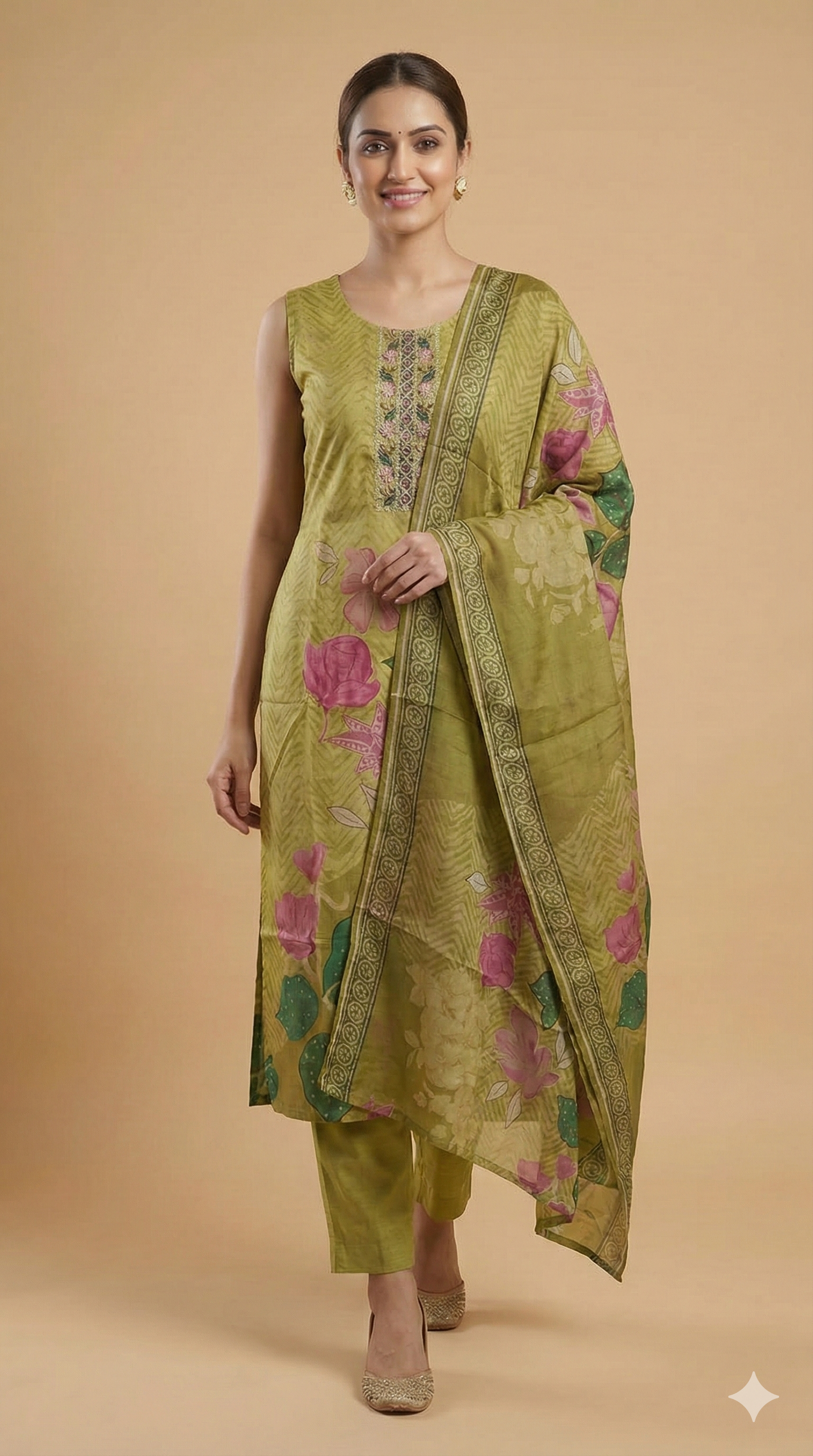 Green Pure Cotton Straight Cut Salwar Suit Showcasing Mirror Work and Graceful Floral Prints
