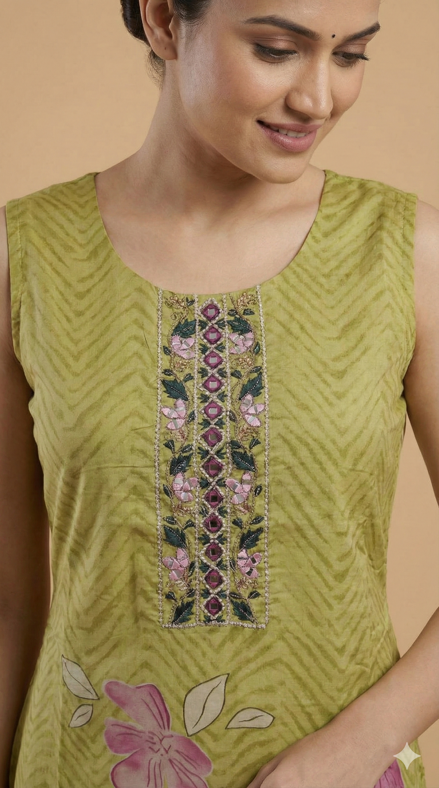 Green Pure Cotton Straight Cut Salwar Suit Showcasing Mirror Work and Graceful Floral Prints