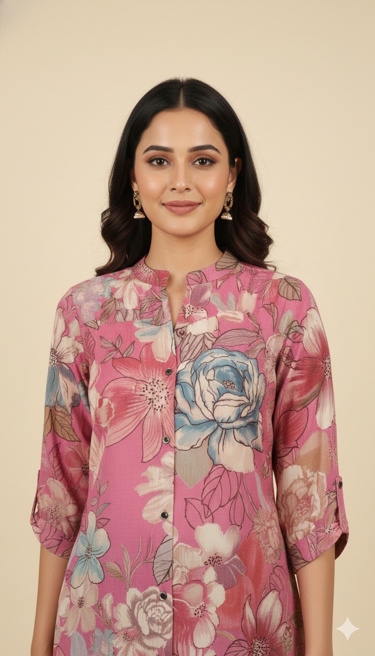 Pink Floral Printed Pure Muslin A-Line Top for Everyday Casual Wear