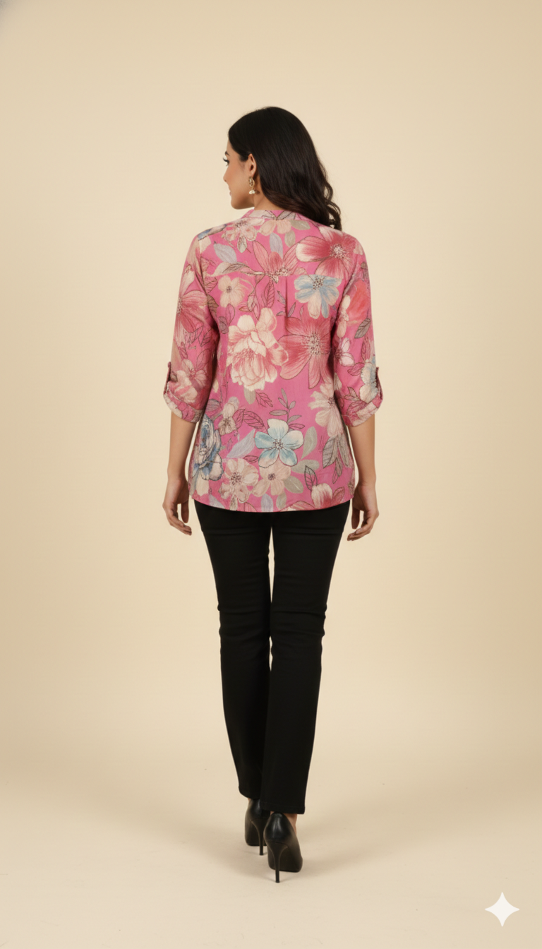 Pink Floral Printed Pure Muslin A-Line Top for Everyday Casual Wear