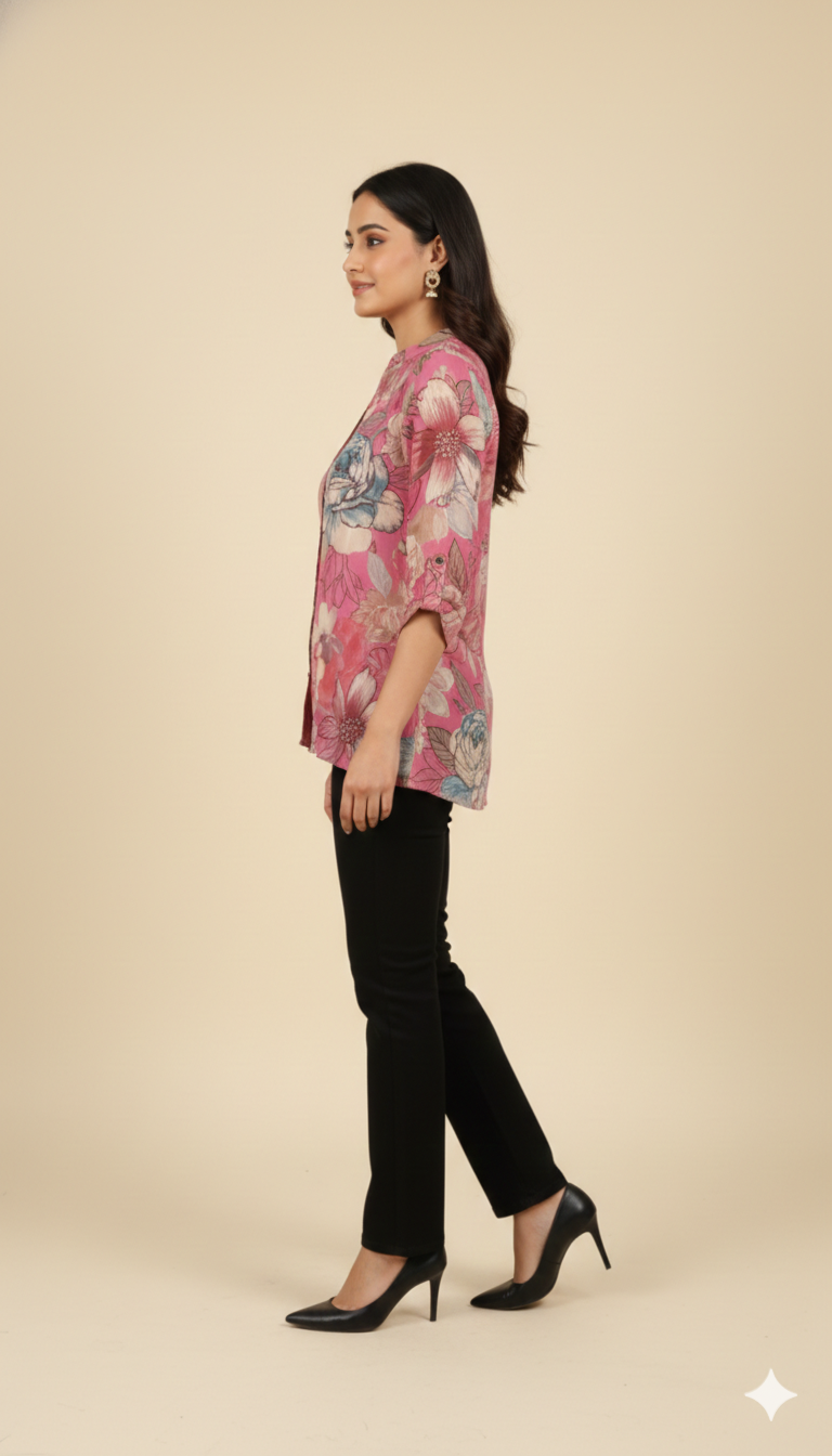 Pink Floral Printed Pure Muslin A-Line Top for Everyday Casual Wear