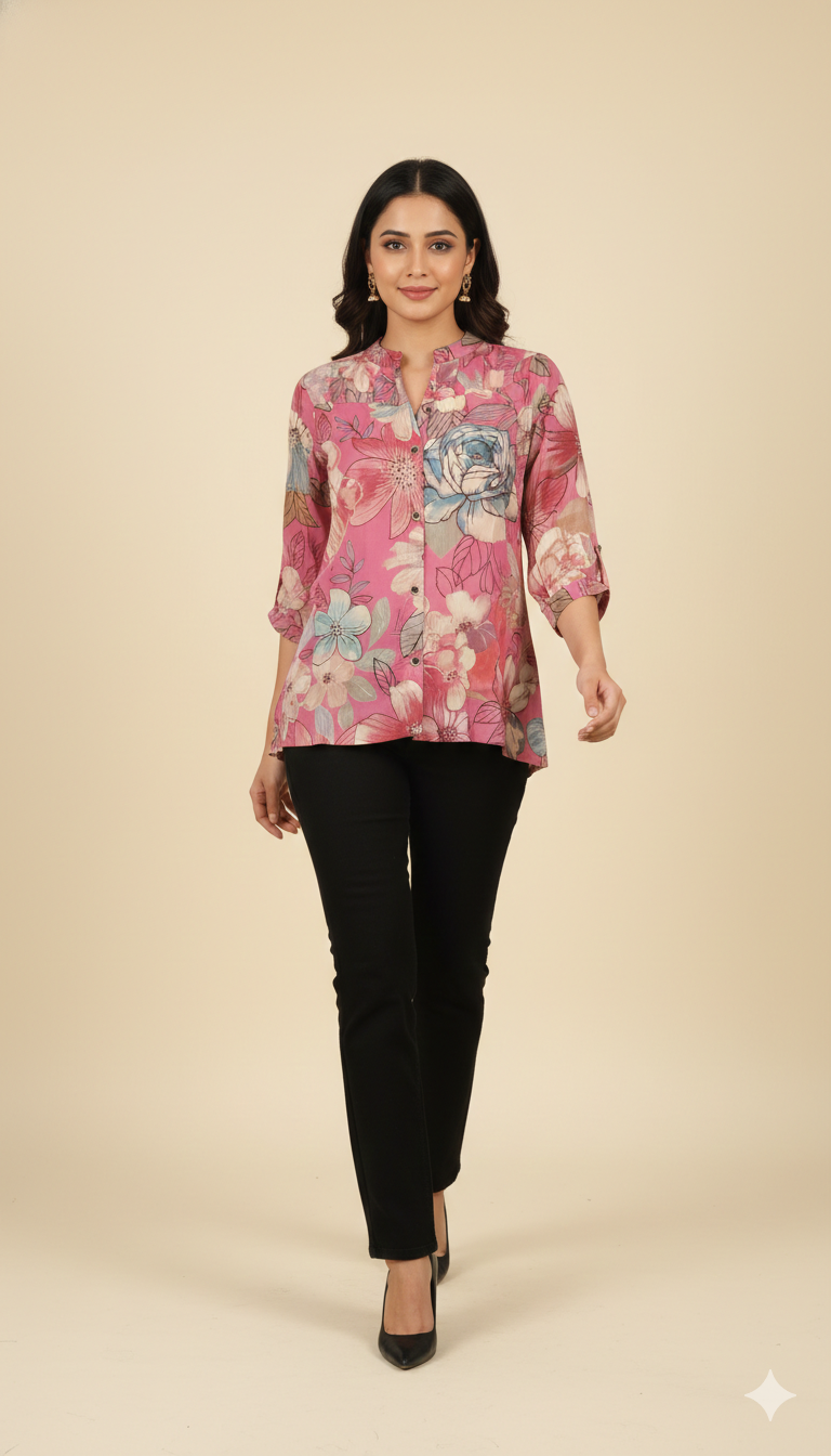 Pink Floral Printed Pure Muslin A-Line Top for Everyday Casual Wear