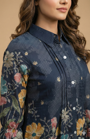 Blue Floral Printed Viscose Blend Co-ord Set Featuring a Stylish A-Line Top and Comfortable Bottoms