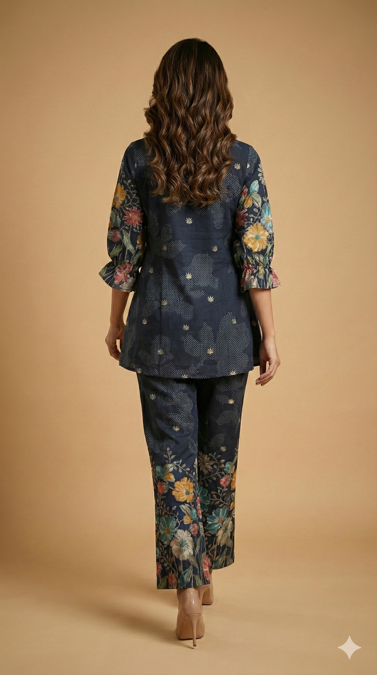 Blue Floral Printed Viscose Blend Co-ord Set Featuring a Stylish A-Line Top and Comfortable Bottoms