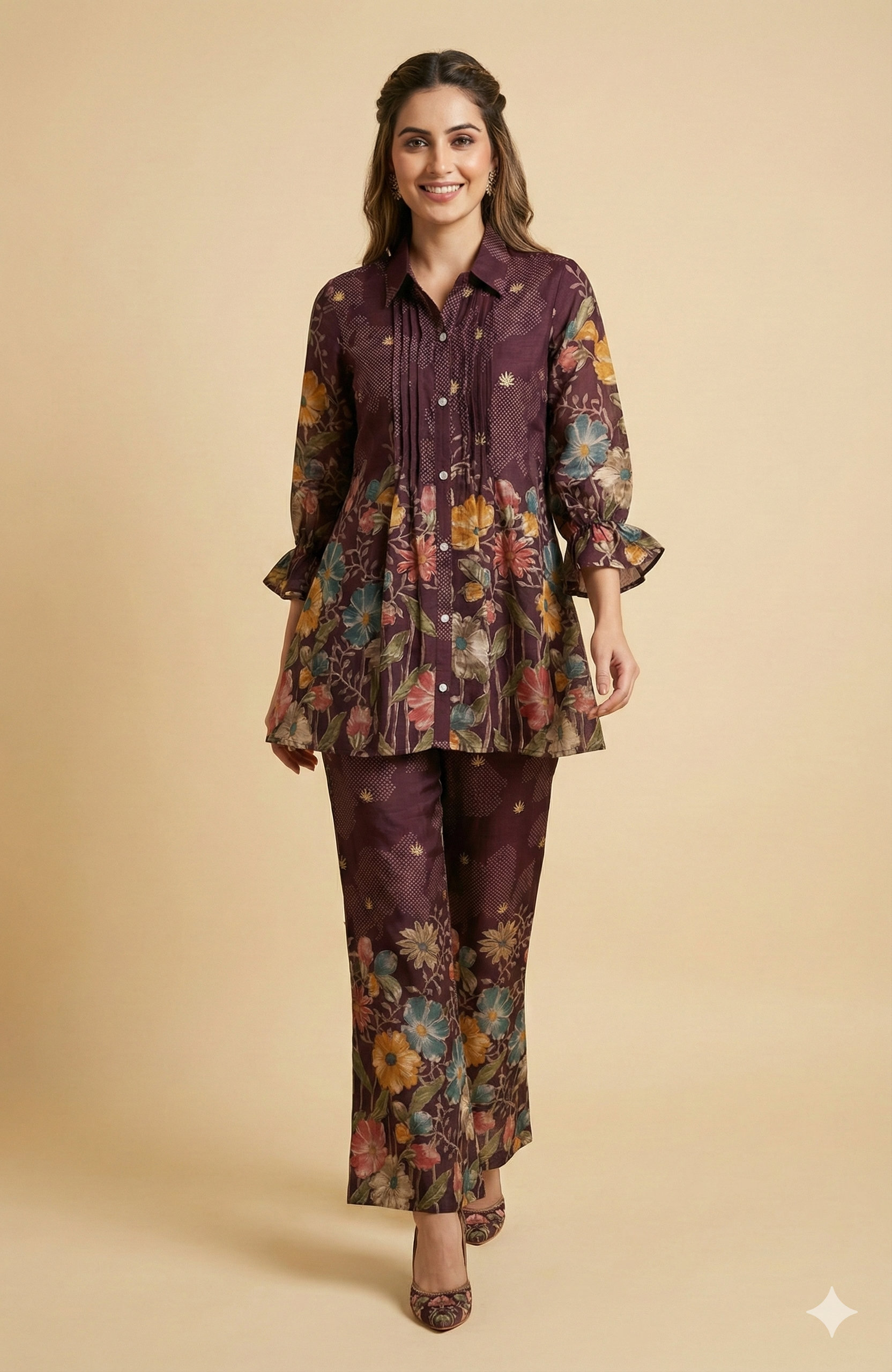 Wine Floral Printed Viscose Blend Co-ord Set Featuring a Stylish A-Line Top and Comfortable Bottoms