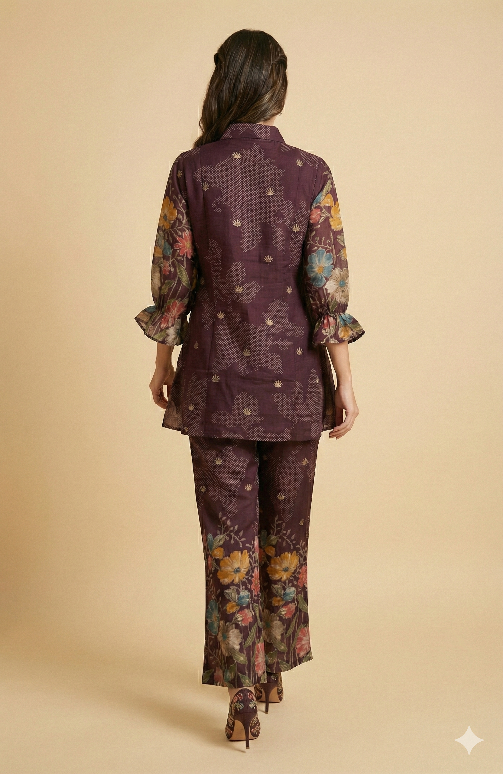 Wine Floral Printed Viscose Blend Co-ord Set Featuring a Stylish A-Line Top and Comfortable Bottoms