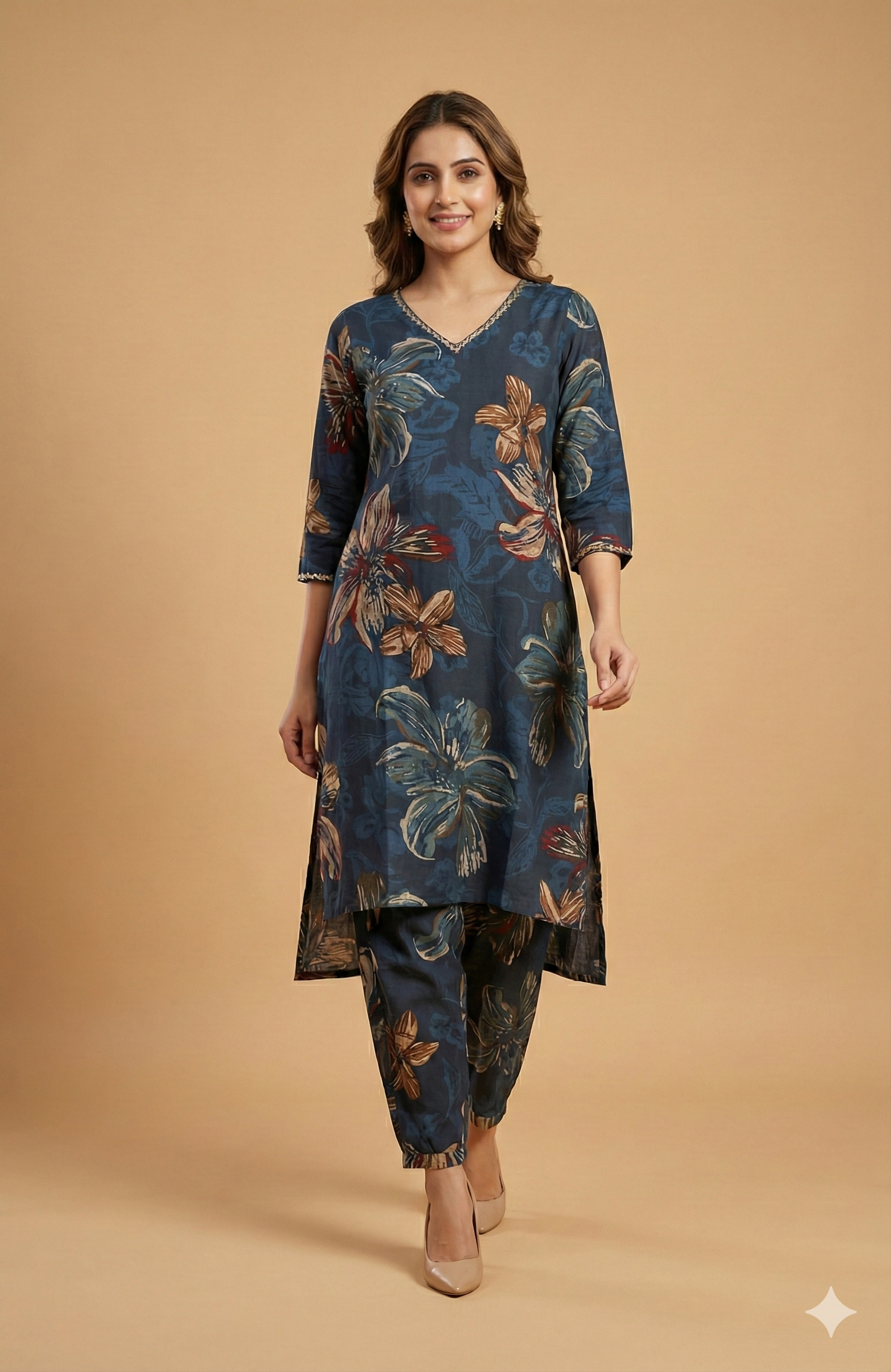 Blue Floral Printed Viscose Vatican Straight-Cut Top and Bottom Set for Casual Wear