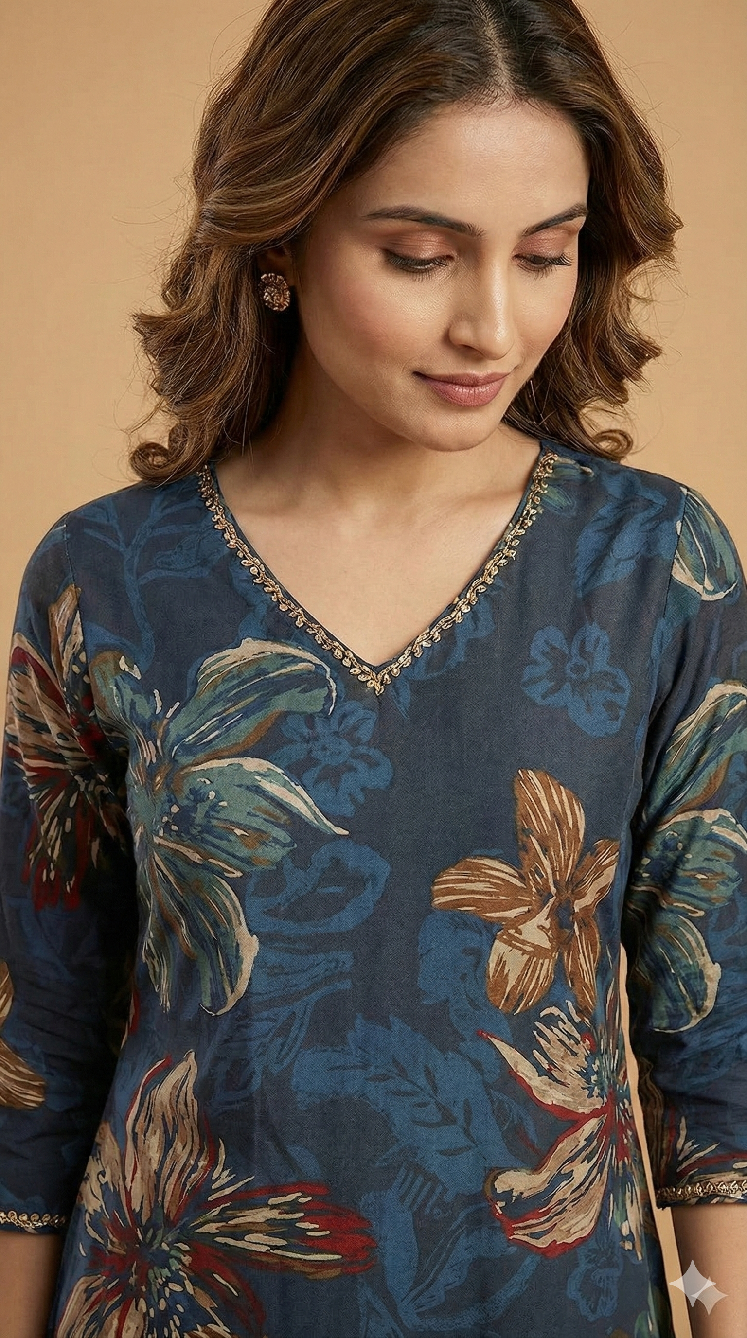 Blue Floral Printed Viscose Vatican Straight-Cut Top and Bottom Set for Casual Wear