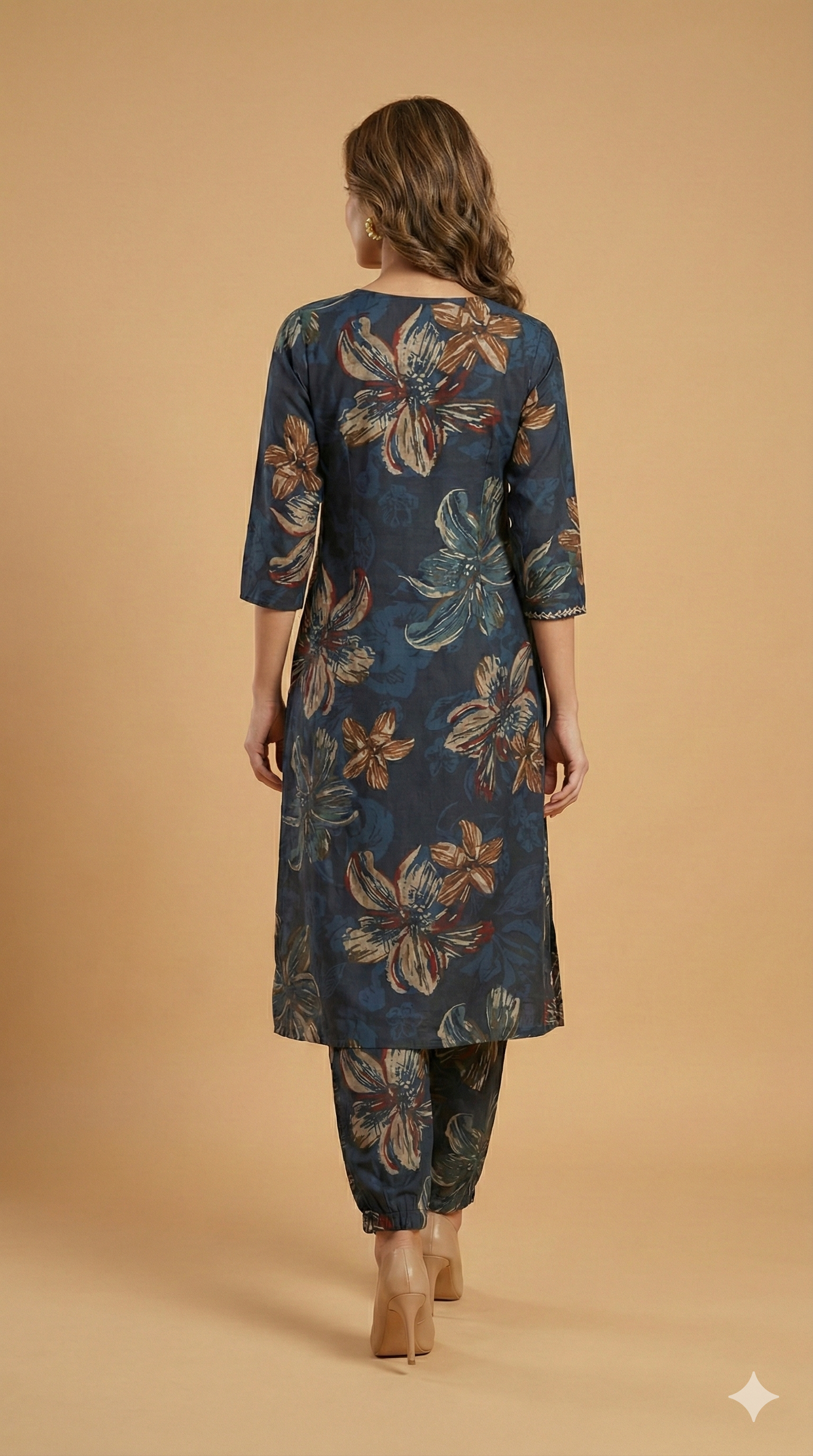 Blue Floral Printed Viscose Vatican Straight-Cut Top and Bottom Set for Casual Wear