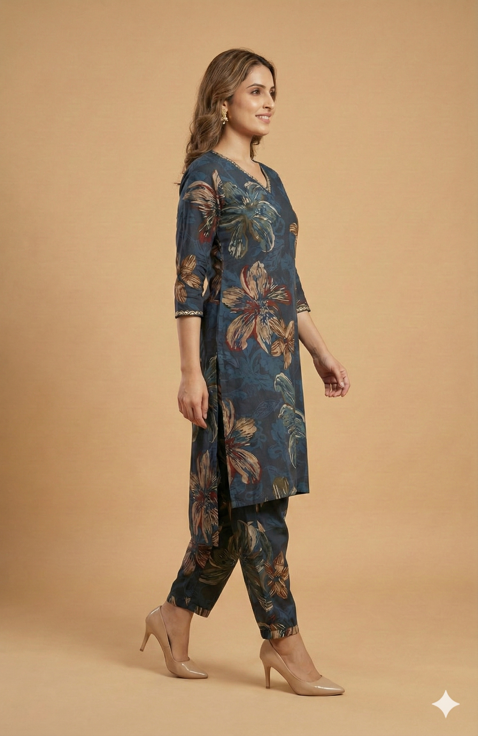Blue Floral Printed Viscose Vatican Straight-Cut Top and Bottom Set for Casual Wear