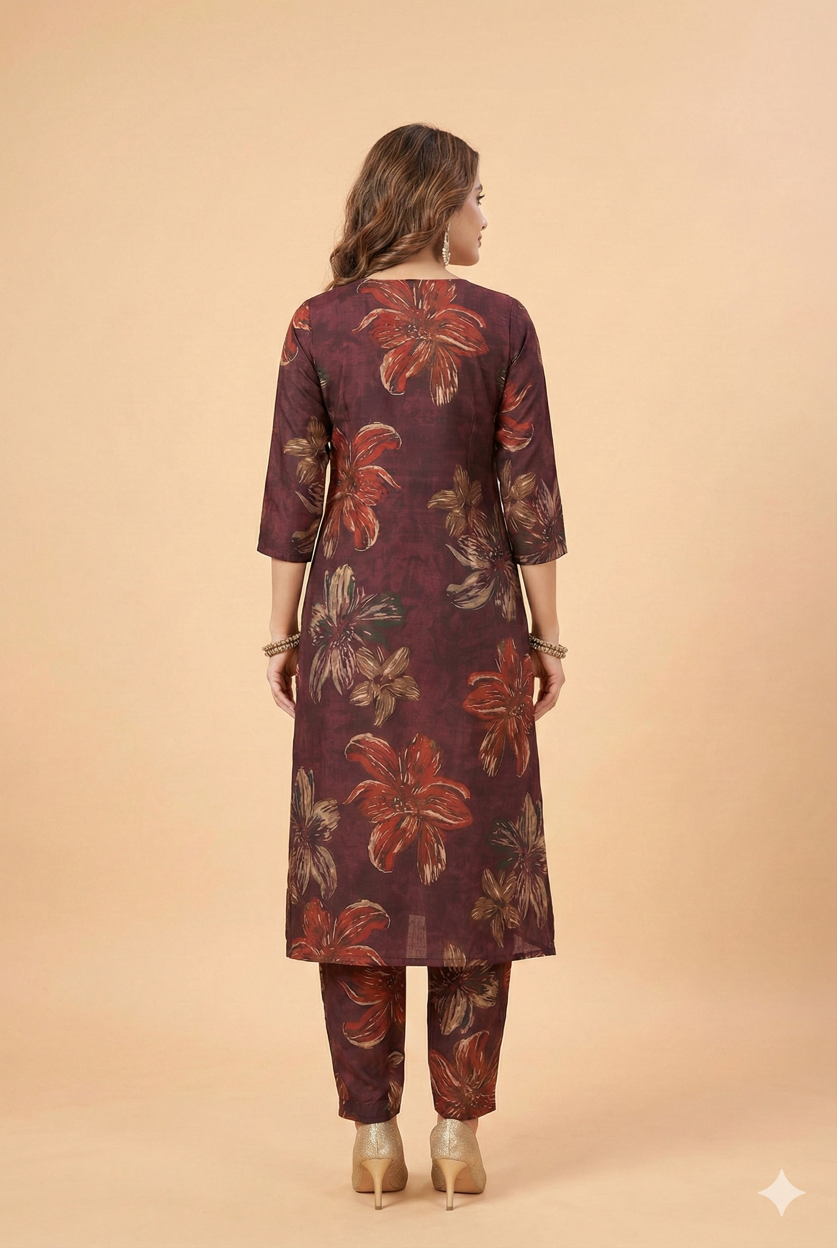 Wine Floral Printed Viscose Vatican Straight-Cut Top and Bottom Set for Casual Wear