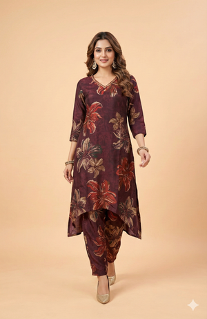 Wine Floral Printed Viscose Vatican Straight-Cut Top and Bottom Set for Casual Wear