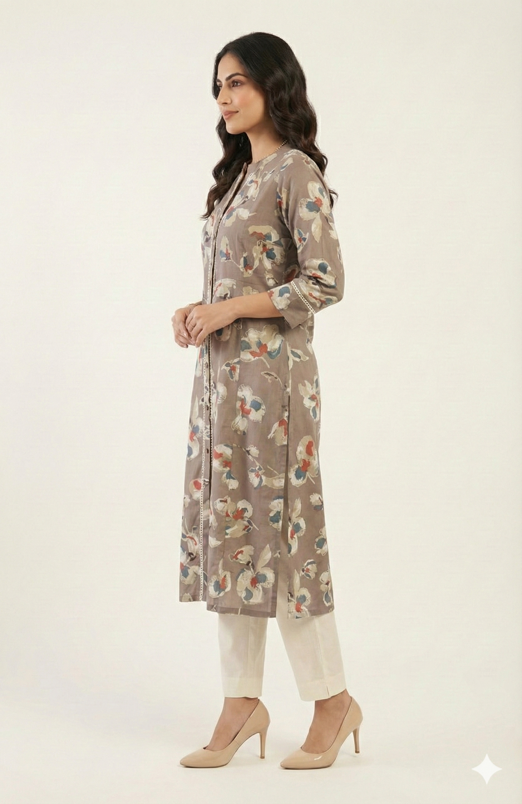 Grey Straight Fit Viscose Kurti Adorned with Delicate Floral Prints and Slit Detail