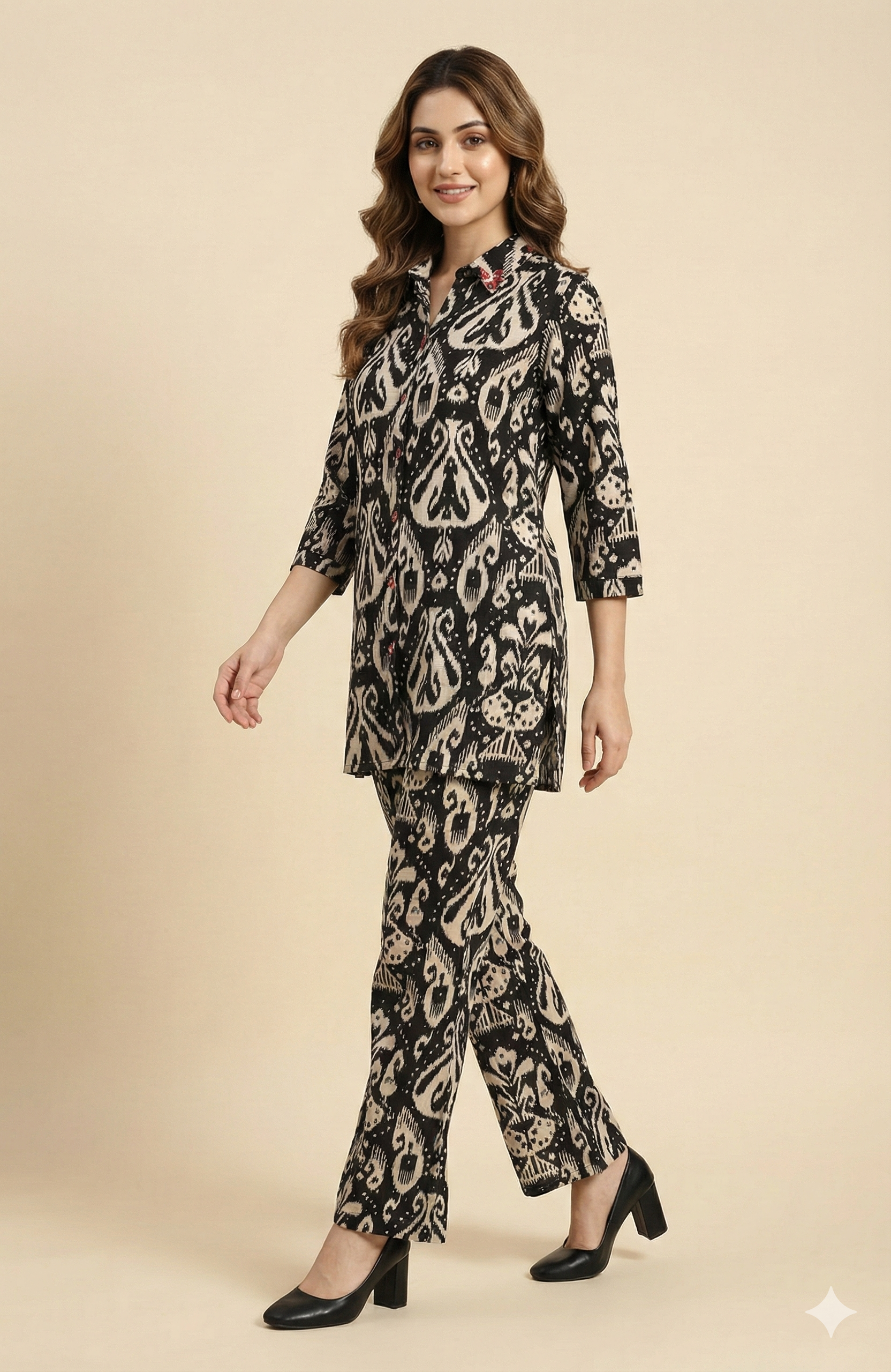 Black Ikkat Printed Rayon Foil Straight-Fit Top and Bottom Pant for Stylish Casual Wear