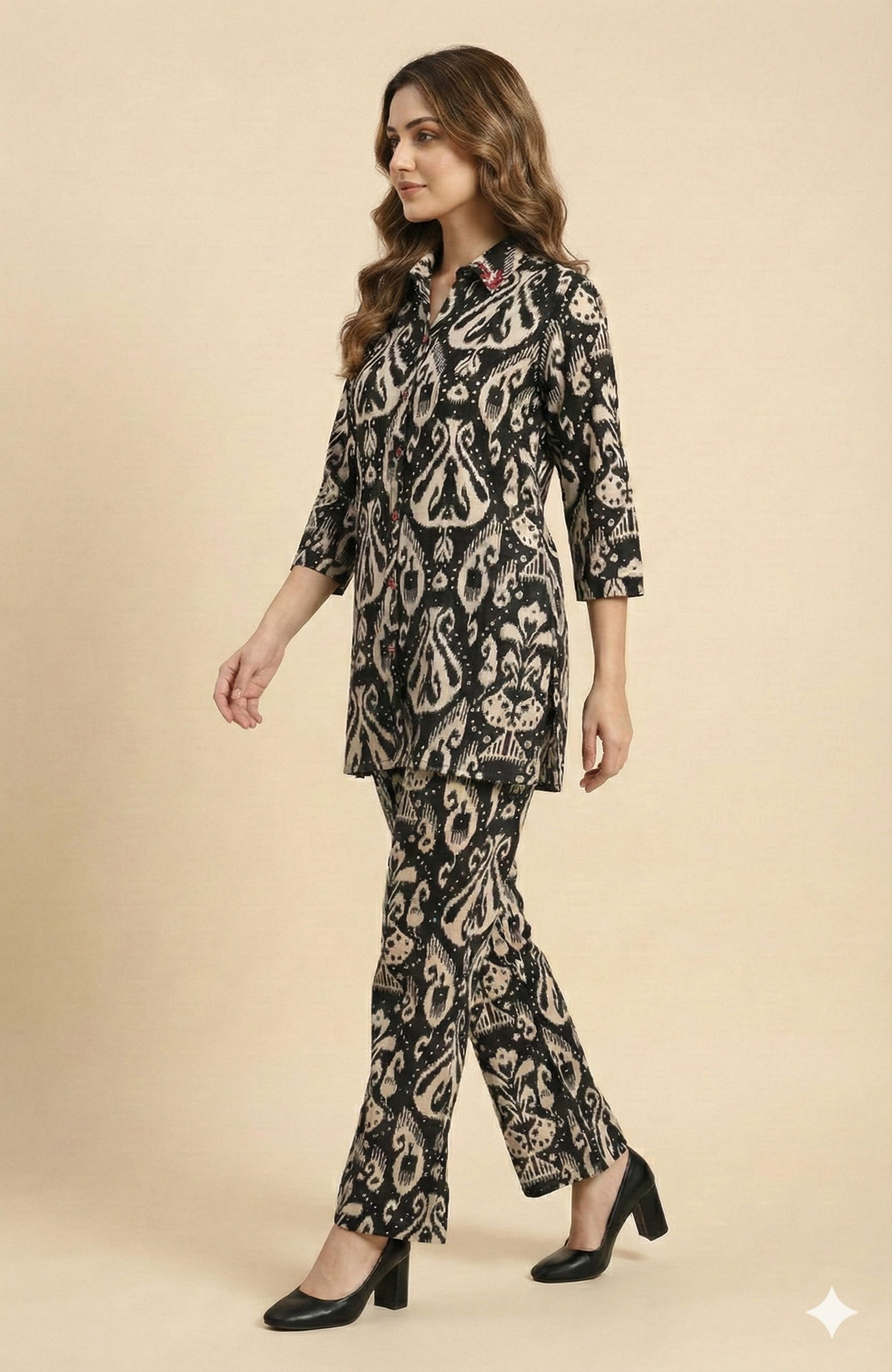 Black Ikkat Printed Rayon Foil Straight-Fit Top and Bottom Pant for Stylish Casual Wear