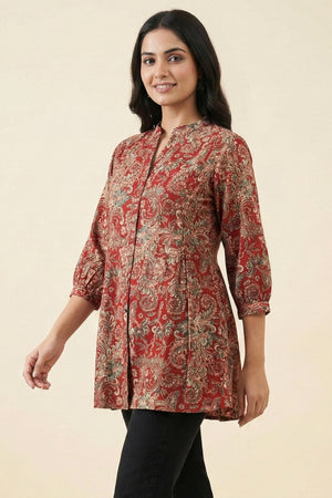Red Floral Motif Rayon A-Line Casual Top Offering a Comfortable and Trendy Look