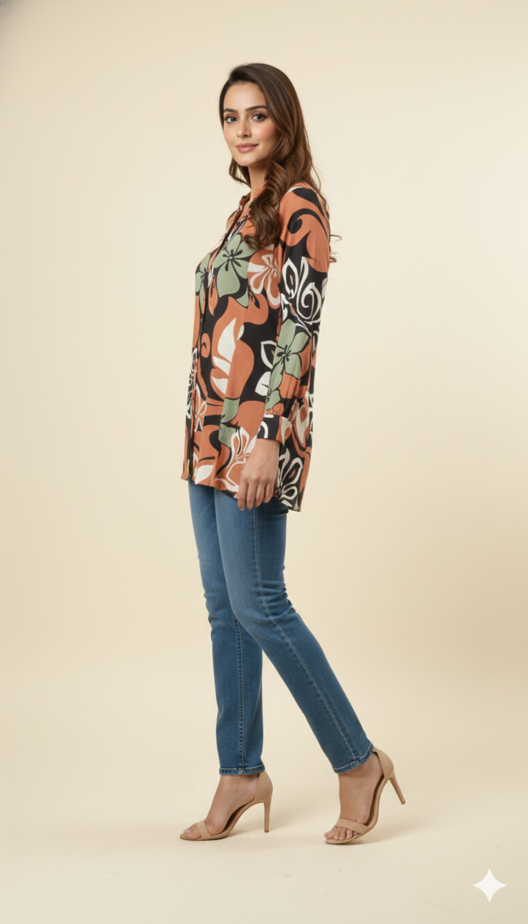 Brown Muslin A-Line Top Featuring Delicate All-Over Floral Prints