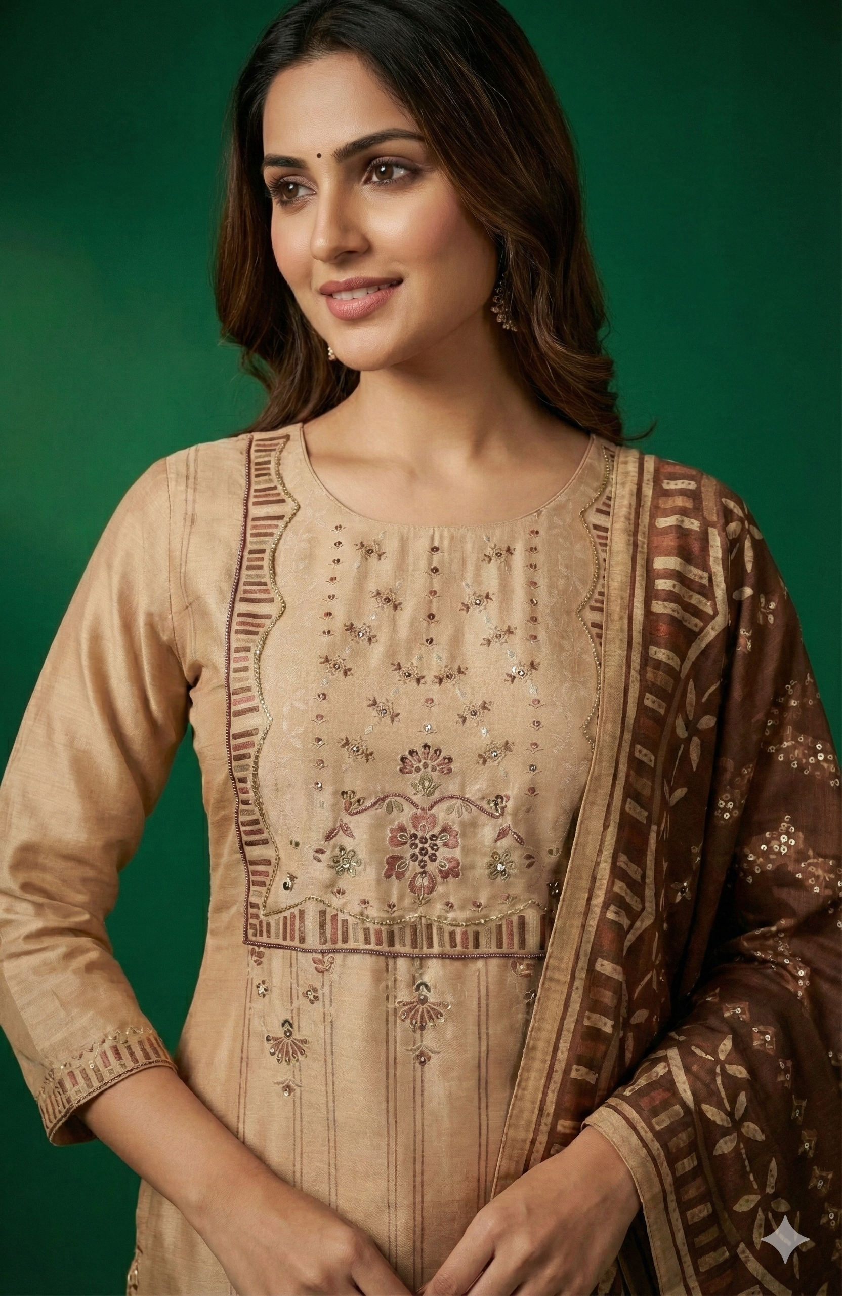 Beige Floral Printed Shimmer Straight Cut Salwar Suit with Elegant Stone Work Embroidery