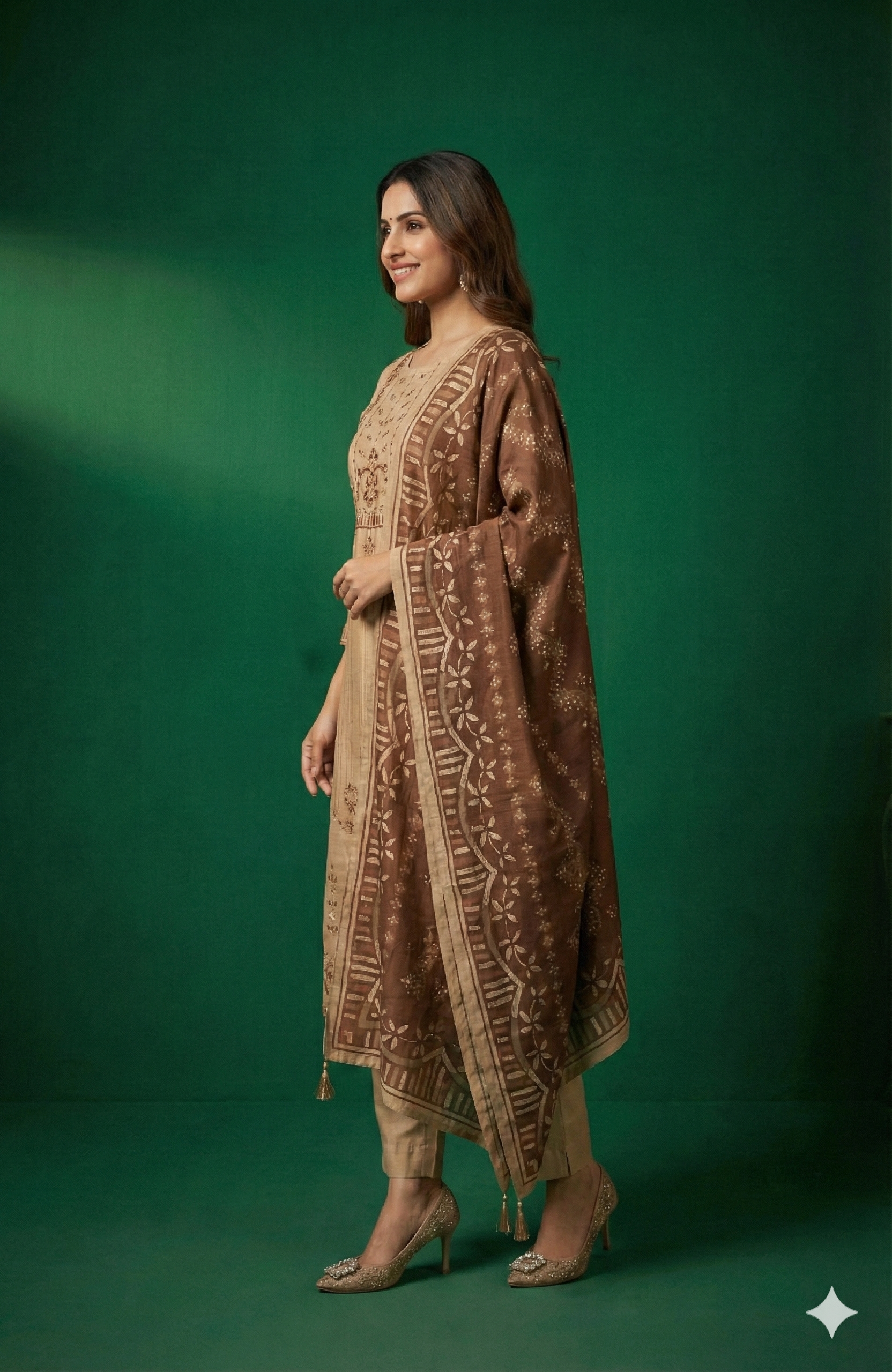 Beige Floral Printed Shimmer Straight Cut Salwar Suit with Elegant Stone Work Embroidery