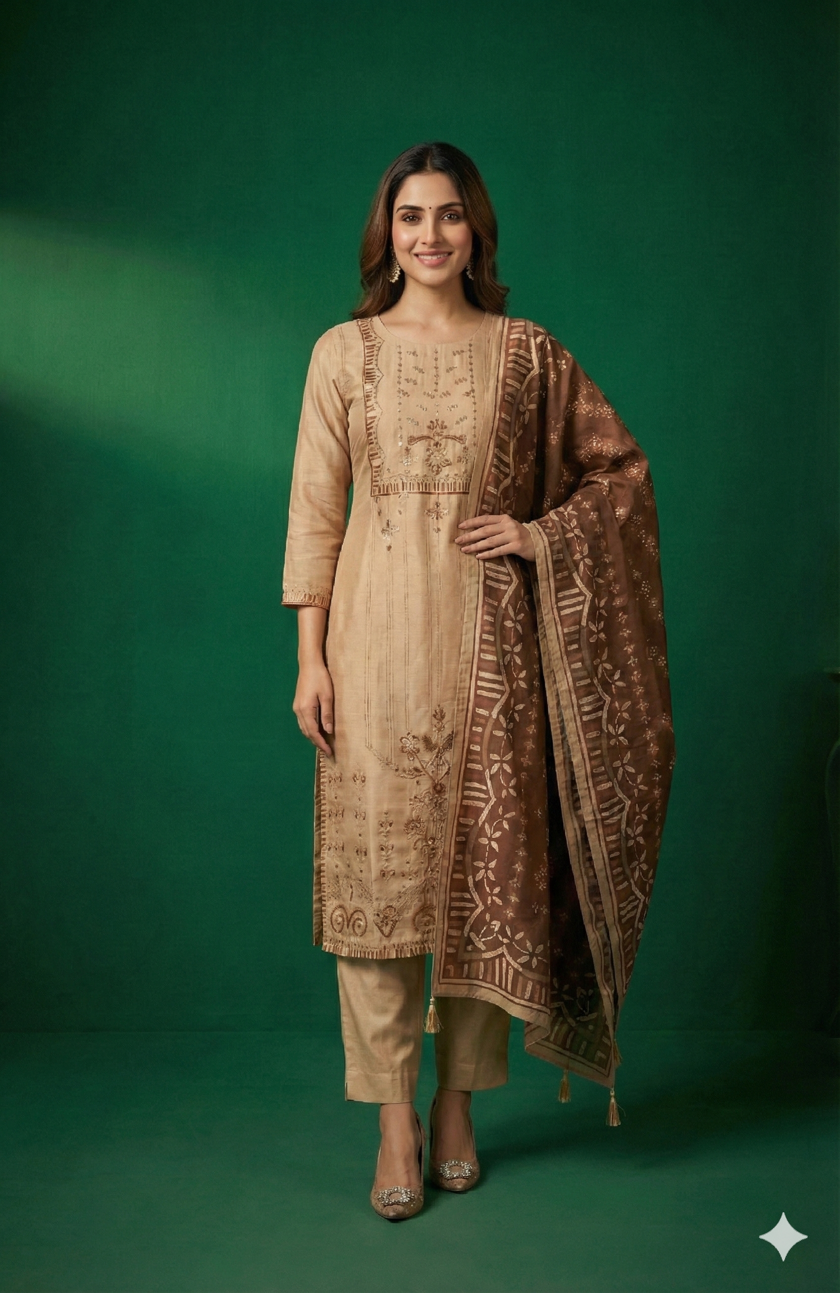 Beige Floral Printed Shimmer Straight Cut Salwar Suit with Elegant Stone Work Embroidery