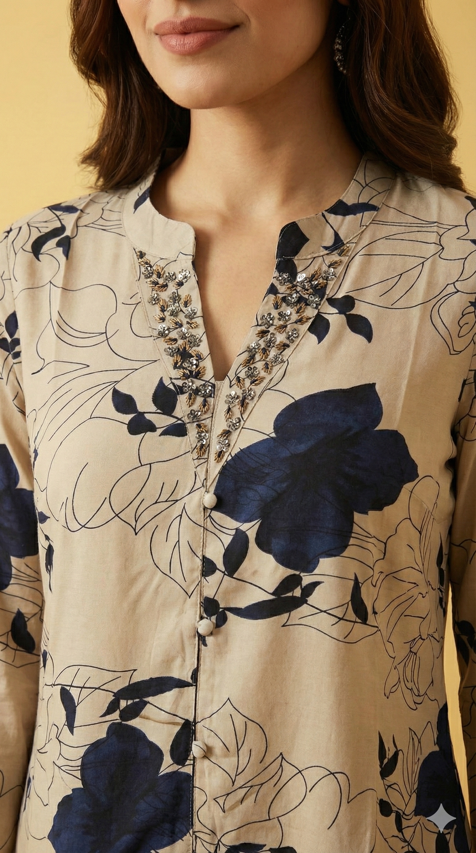 Beige Stylish Floral Printed Rayon Co-Ord Set with Intricate Handwork Finish