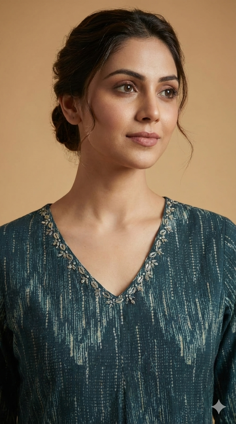 Blue Contemporary Printed Rayon Straight Cut Top & Bottom Set with Foil Accents