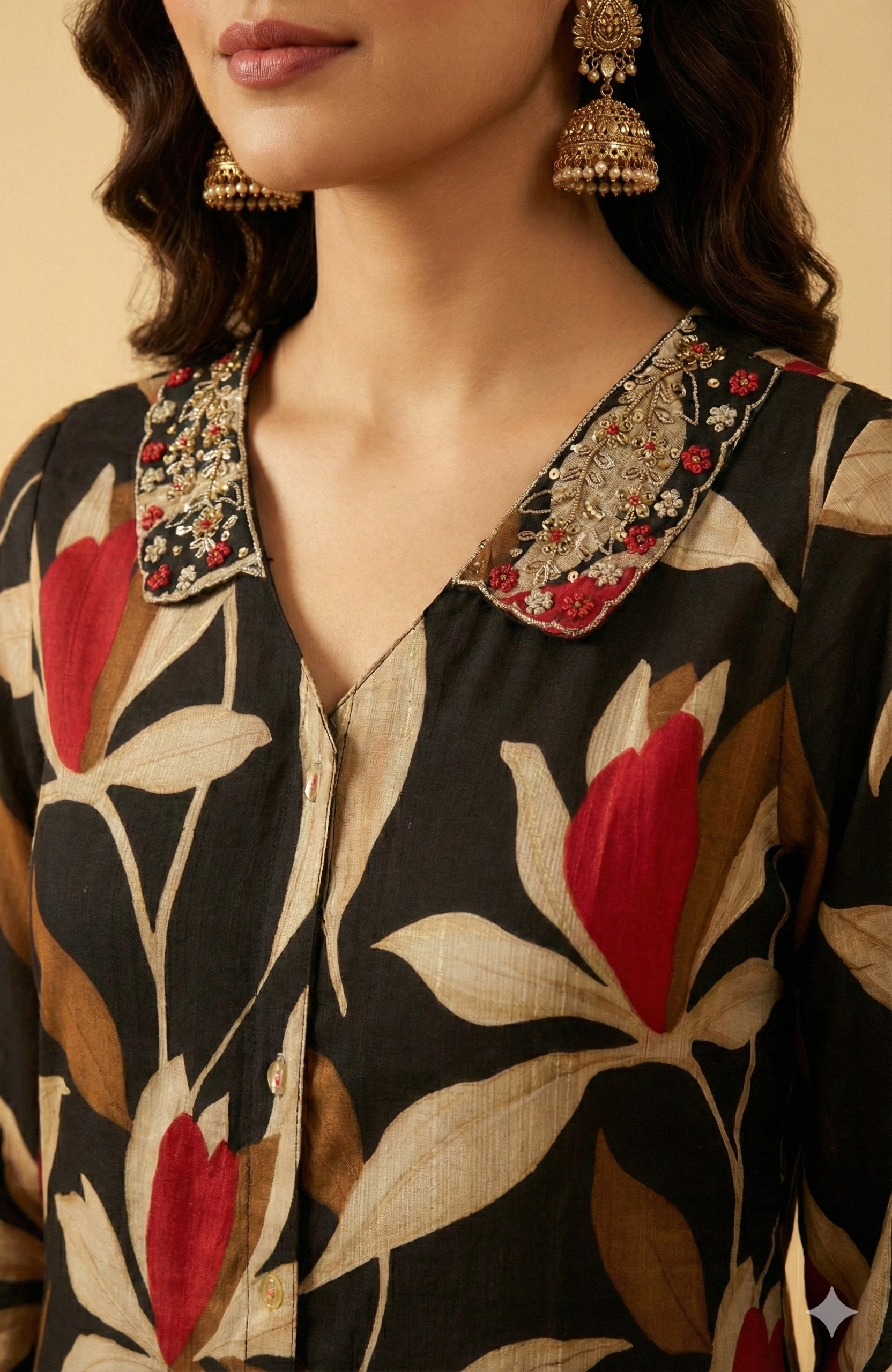 Black Floral Printed Viscose A-Line Kurti with Contemporary Front Slit Style