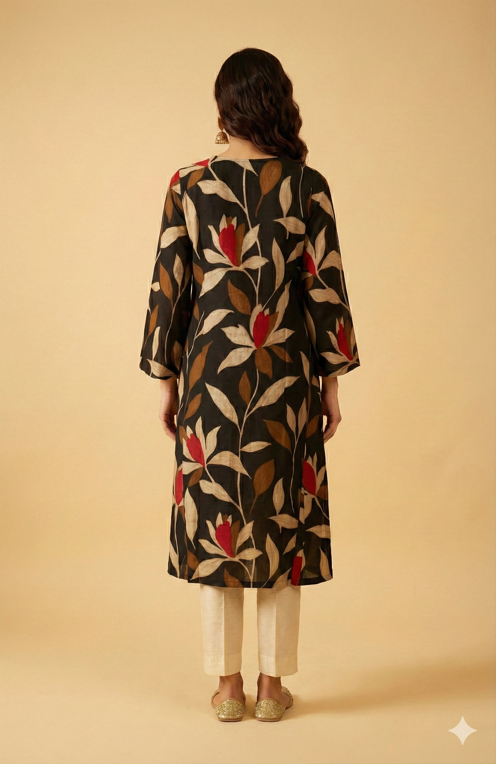 Black Floral Printed Viscose A-Line Kurti with Contemporary Front Slit Style