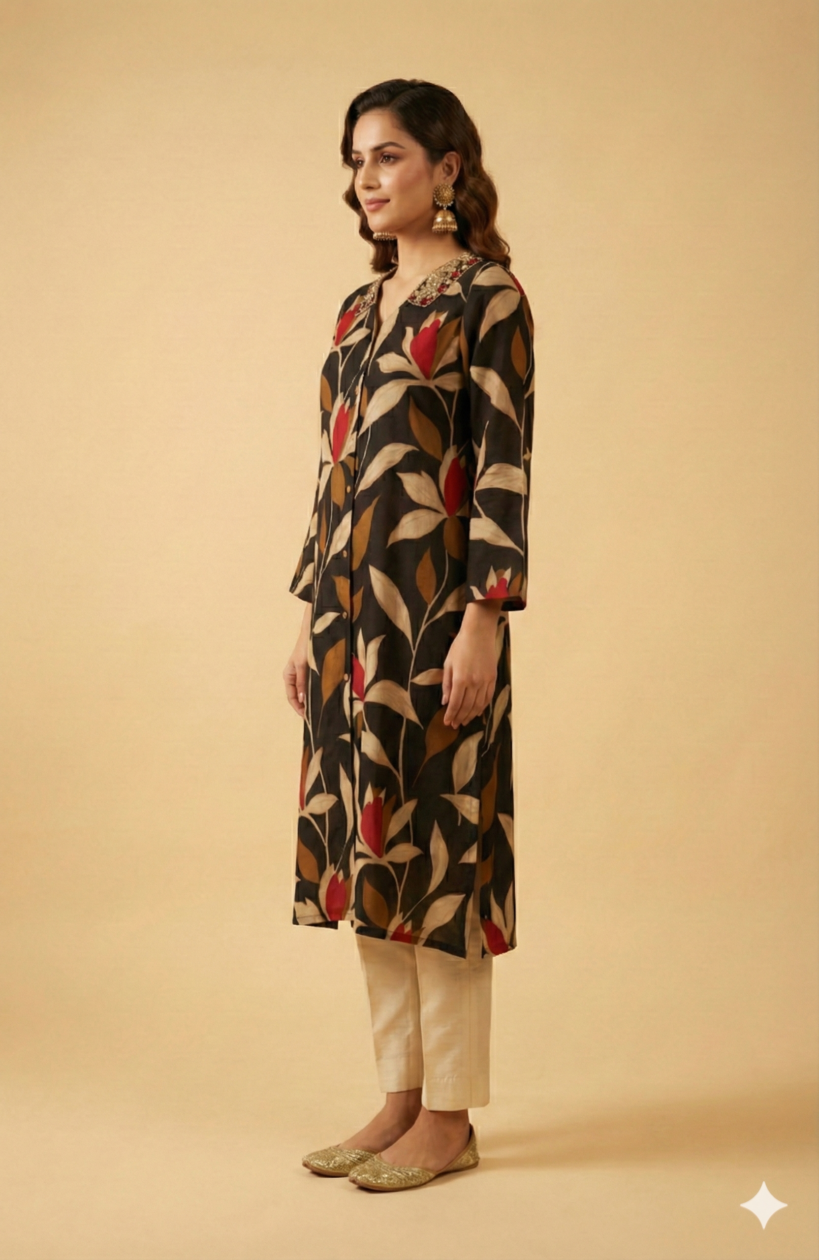 Black Floral Printed Viscose A-Line Kurti with Contemporary Front Slit Style