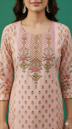 Baby Pink Floral Printed Muslin Straight Cut Salwar Suit for Casual to Festive Styling