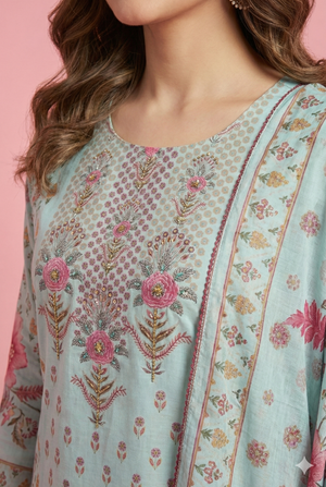 Sky Blue Floral Printed Muslin Straight Cut Salwar Suit for Casual to Festive Styling