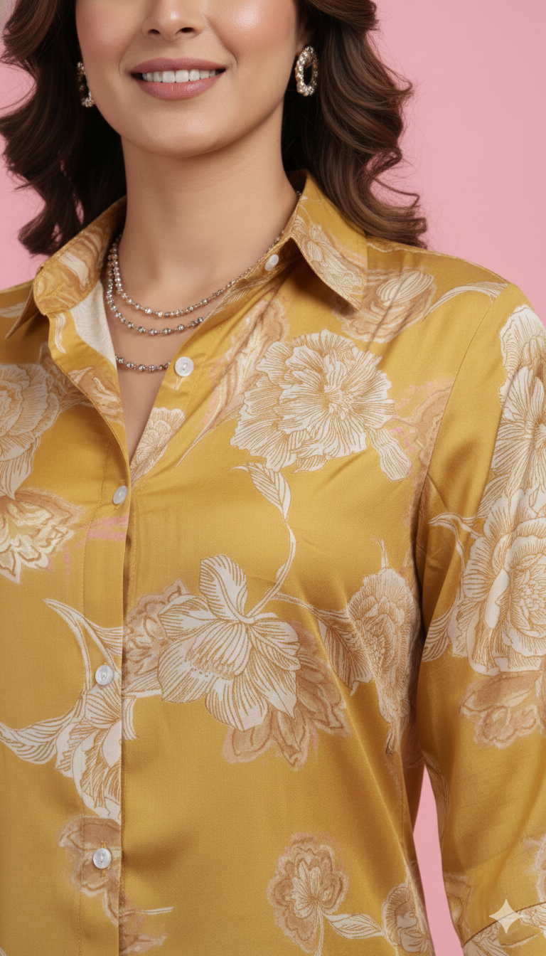 Yellow Muslin Straight Fit Top Adorned with Subtle Floral Printed Motifs