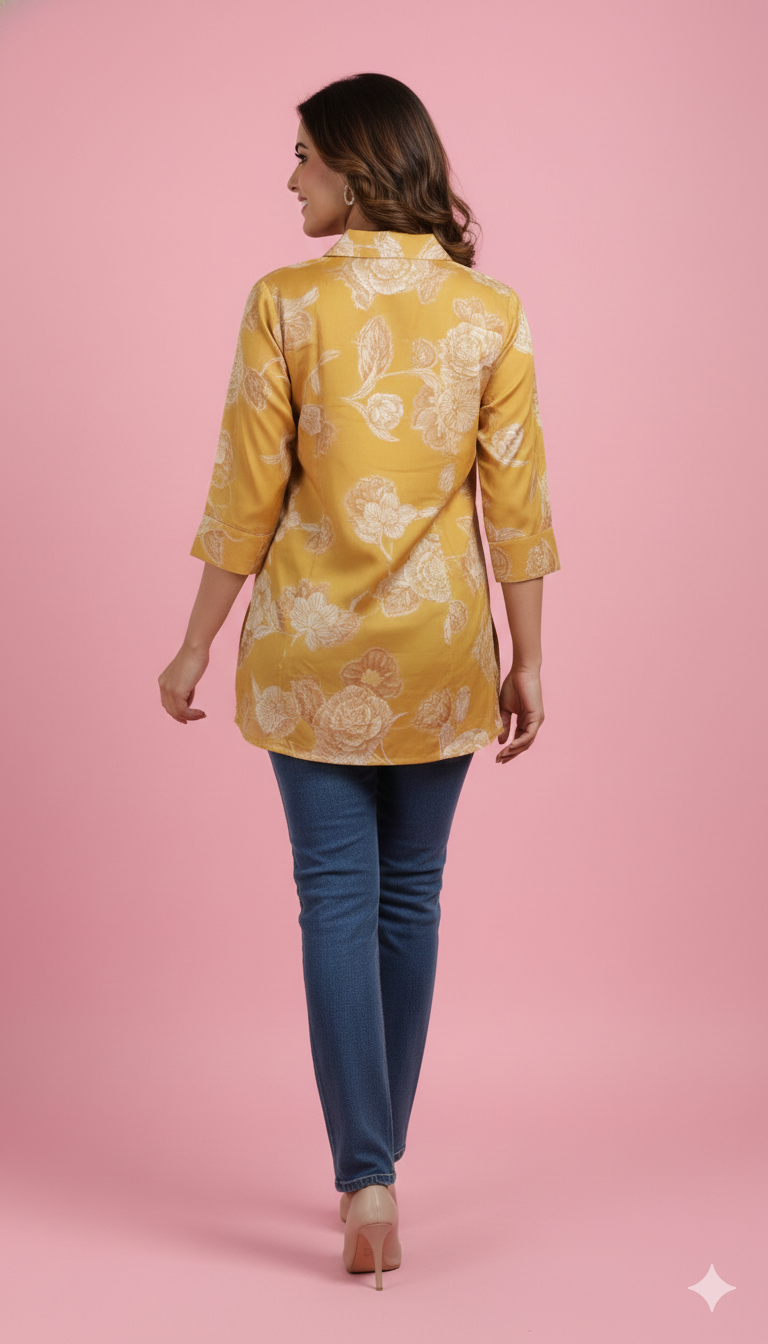 Yellow Muslin Straight Fit Top Adorned with Subtle Floral Printed Motifs