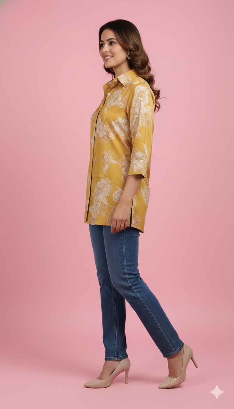 Yellow Muslin Straight Fit Top Adorned with Subtle Floral Printed Motifs