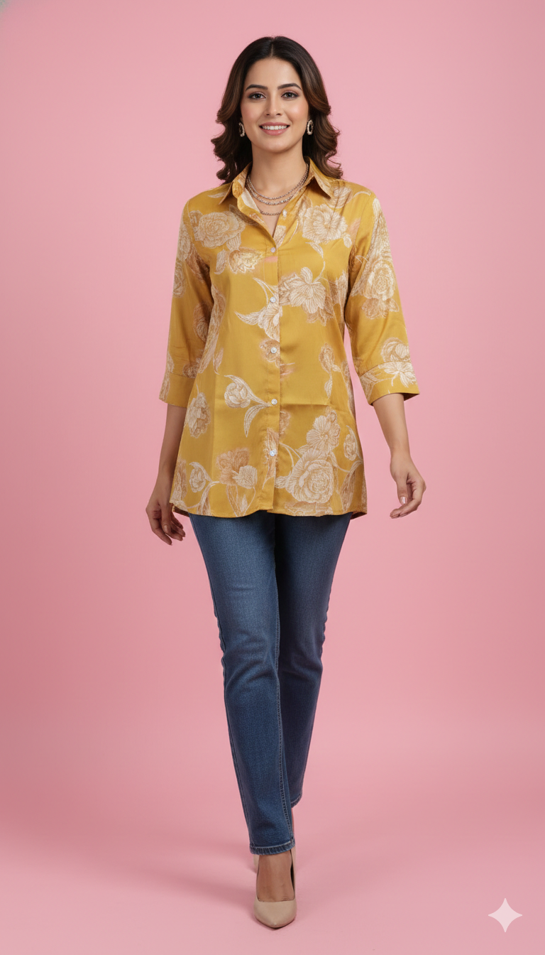Yellow Muslin Straight Fit Top Adorned with Subtle Floral Printed Motifs