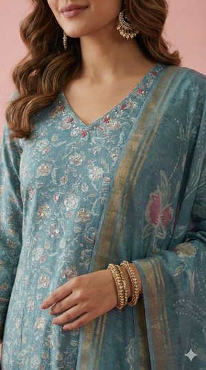 Lightweight Sky Blue Floral Printed Rayon Salwar Suit with A-Line Design