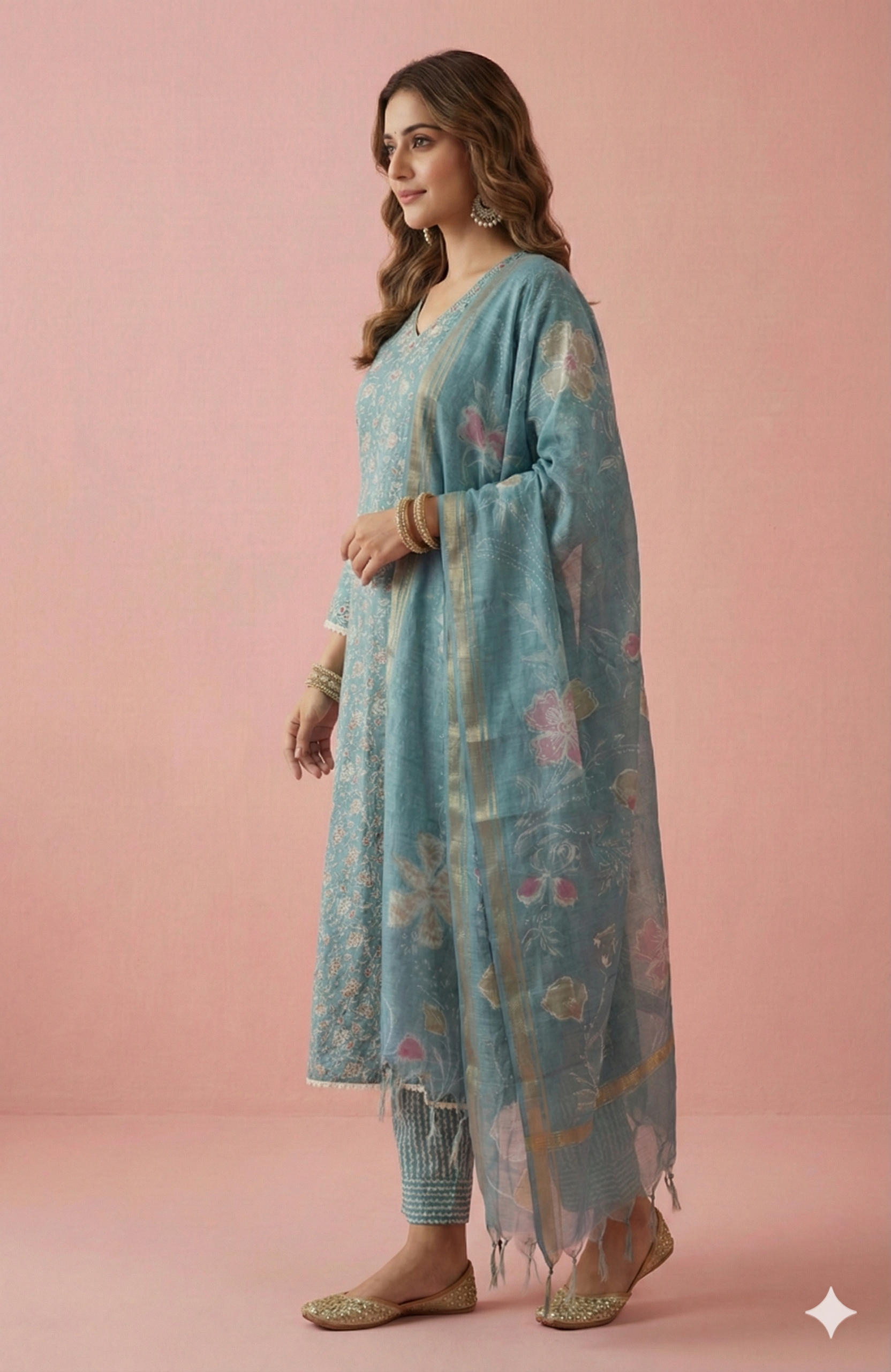 Lightweight Sky Blue Floral Printed Rayon Salwar Suit with A-Line Design