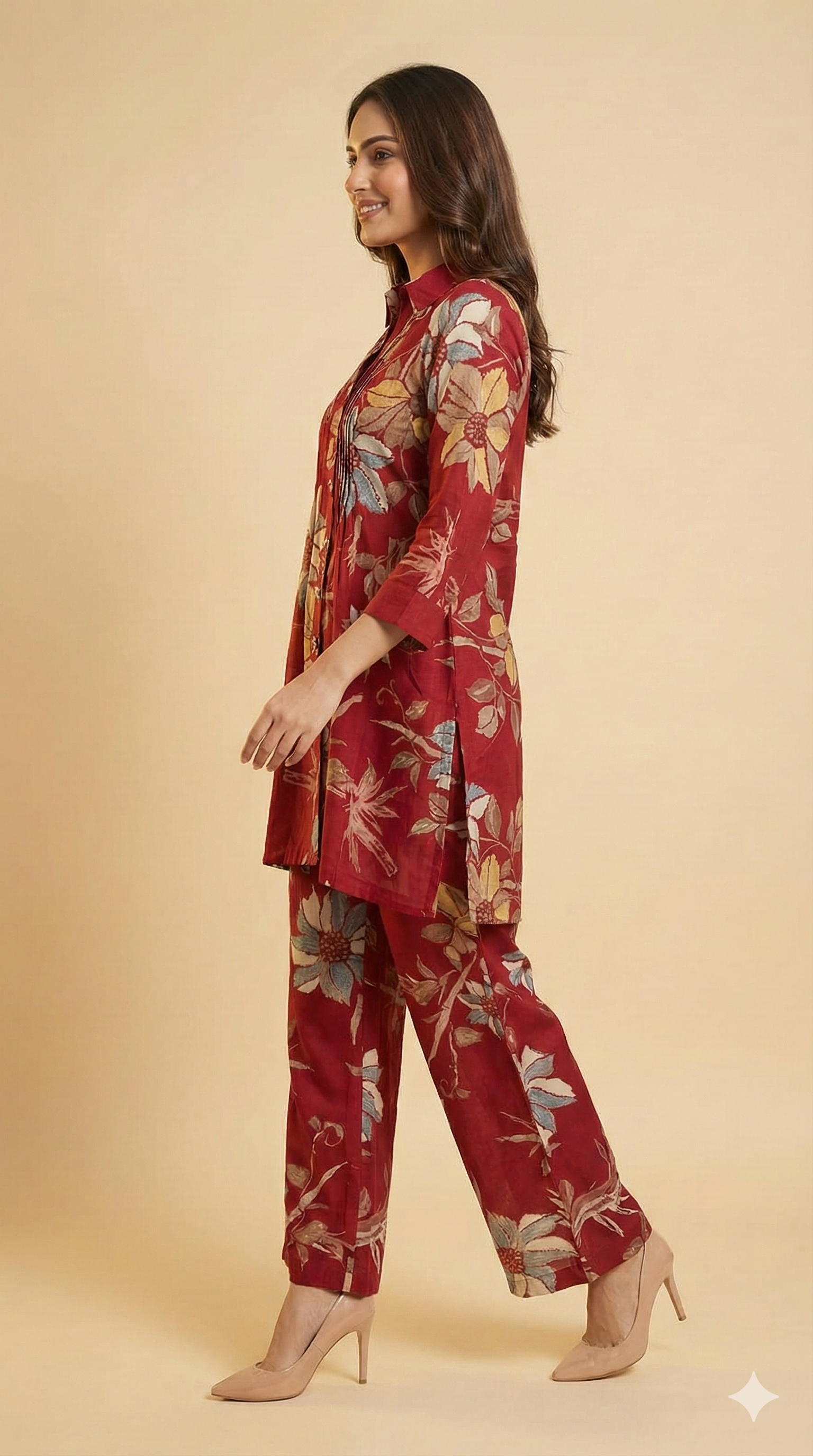 Elegant Red Floral Foil Printed Rayon Straight Cut Top with Matching Bottom Pant