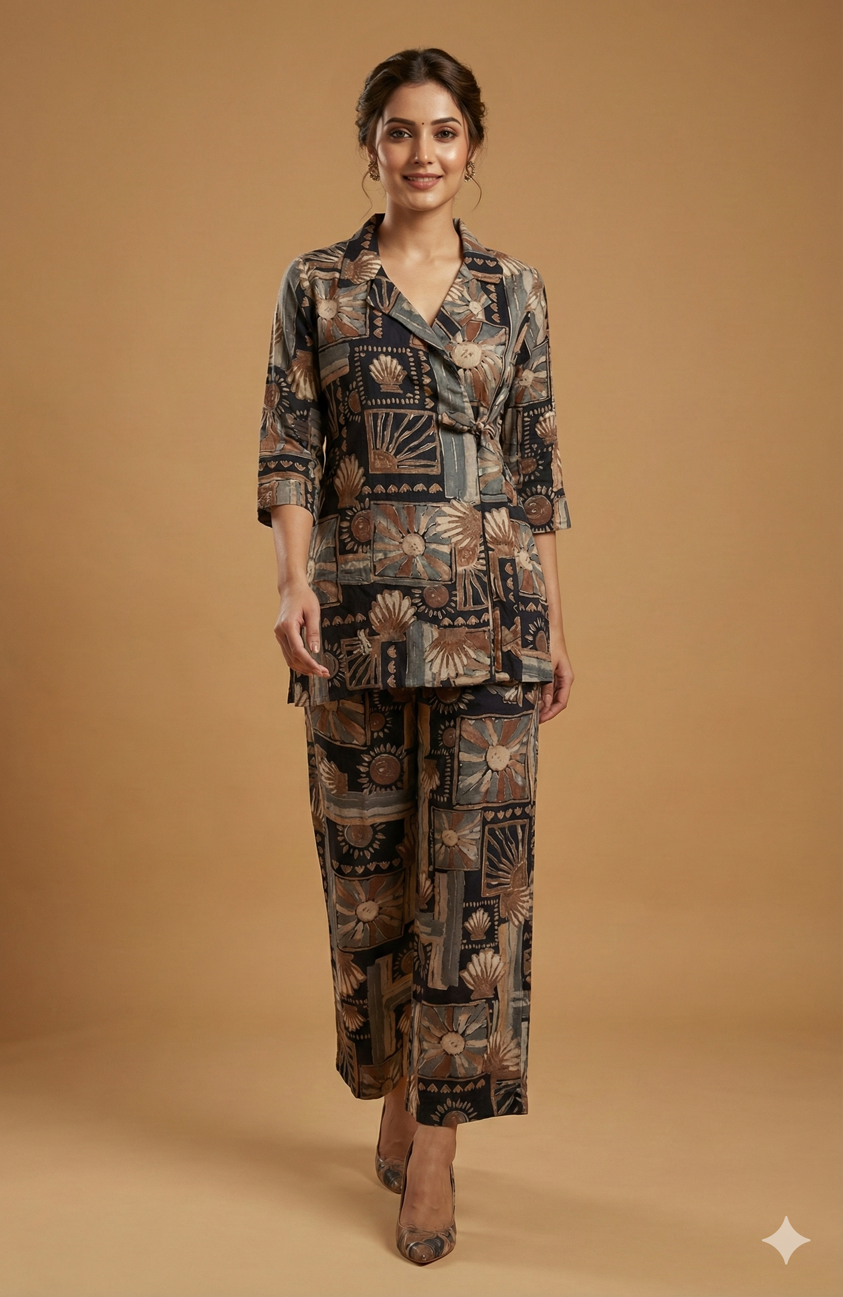 Premium Deep Navy Blue Floral Foil Printed Rayon Co-Ord Set Styled With A Shirt Collar Finish