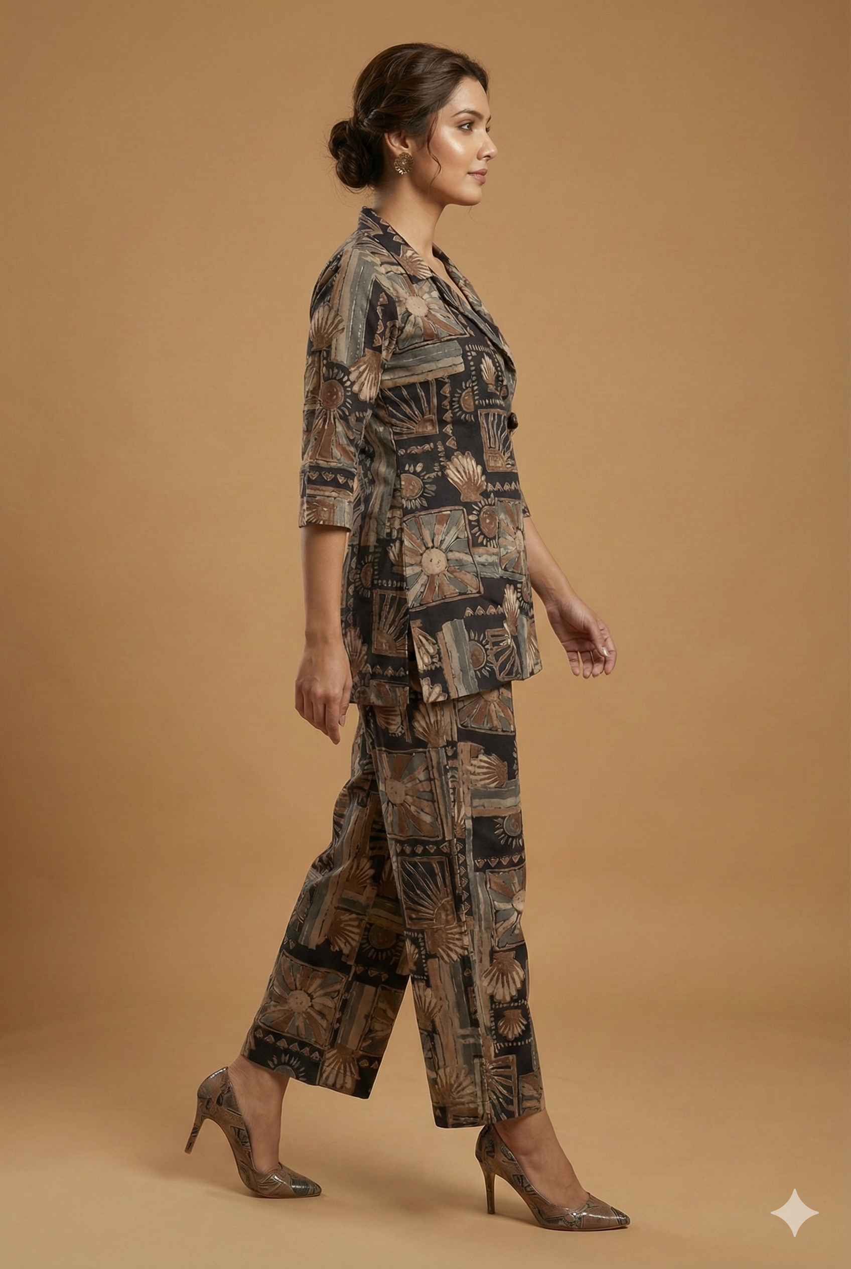 Premium Deep Navy Blue Floral Foil Printed Rayon Co-Ord Set Styled With A Shirt Collar Finish