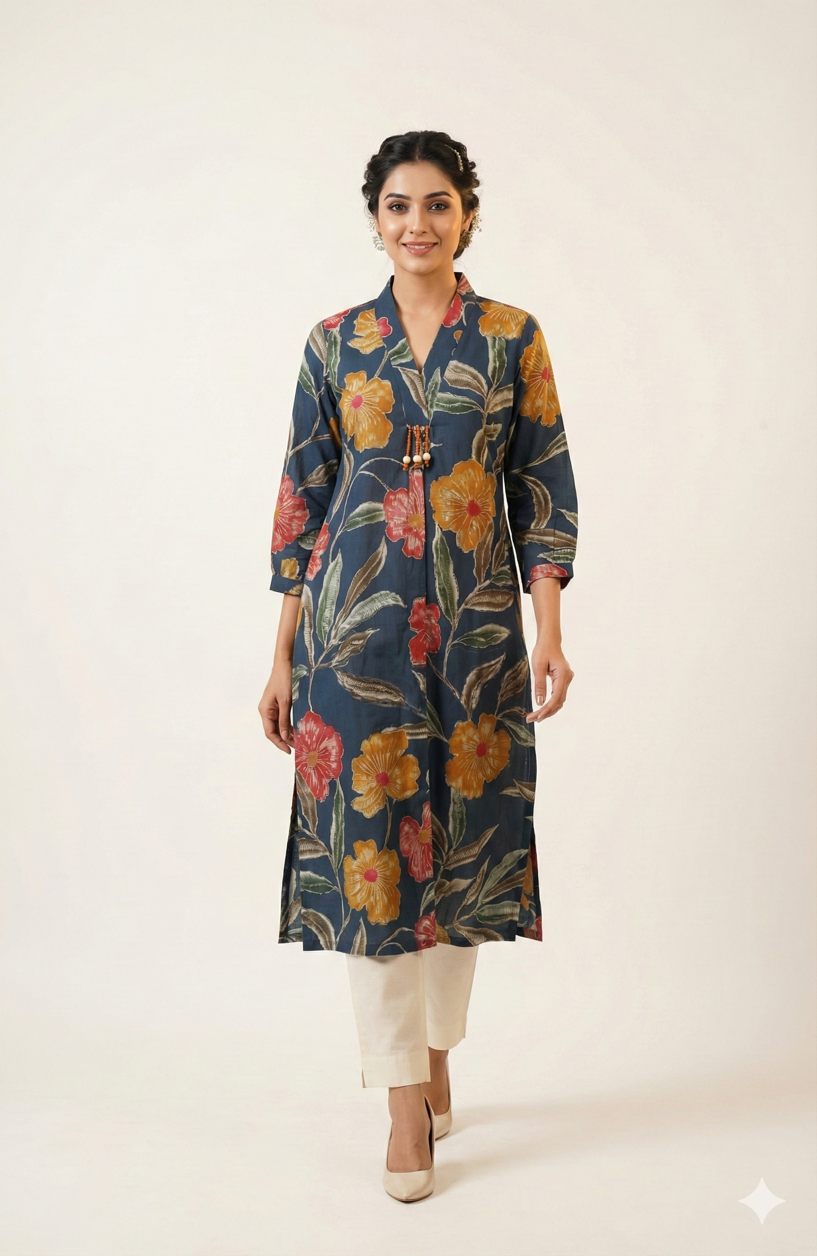 Blue Floral Printed Viscose A-Line Kurti with Comfortable and Flowy Fit