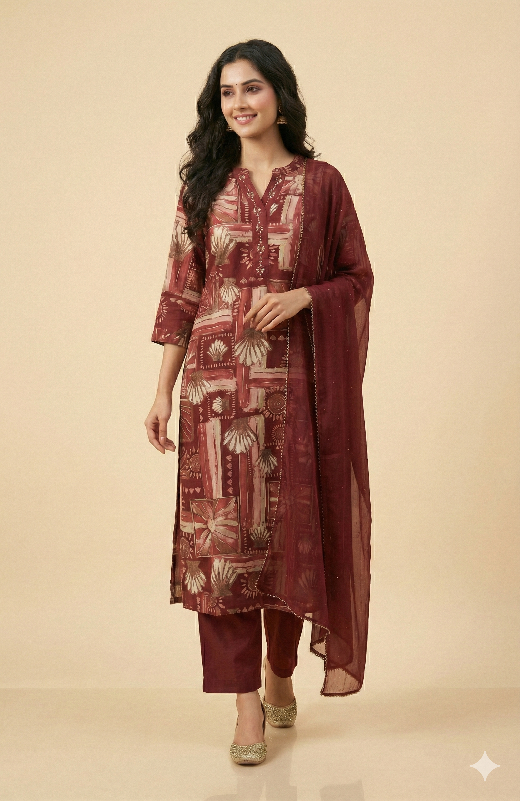 Elegant Maroon Floral Printed Straight Cut Salwar Suit Adorned With Mirror & Sequin On The Neckline
