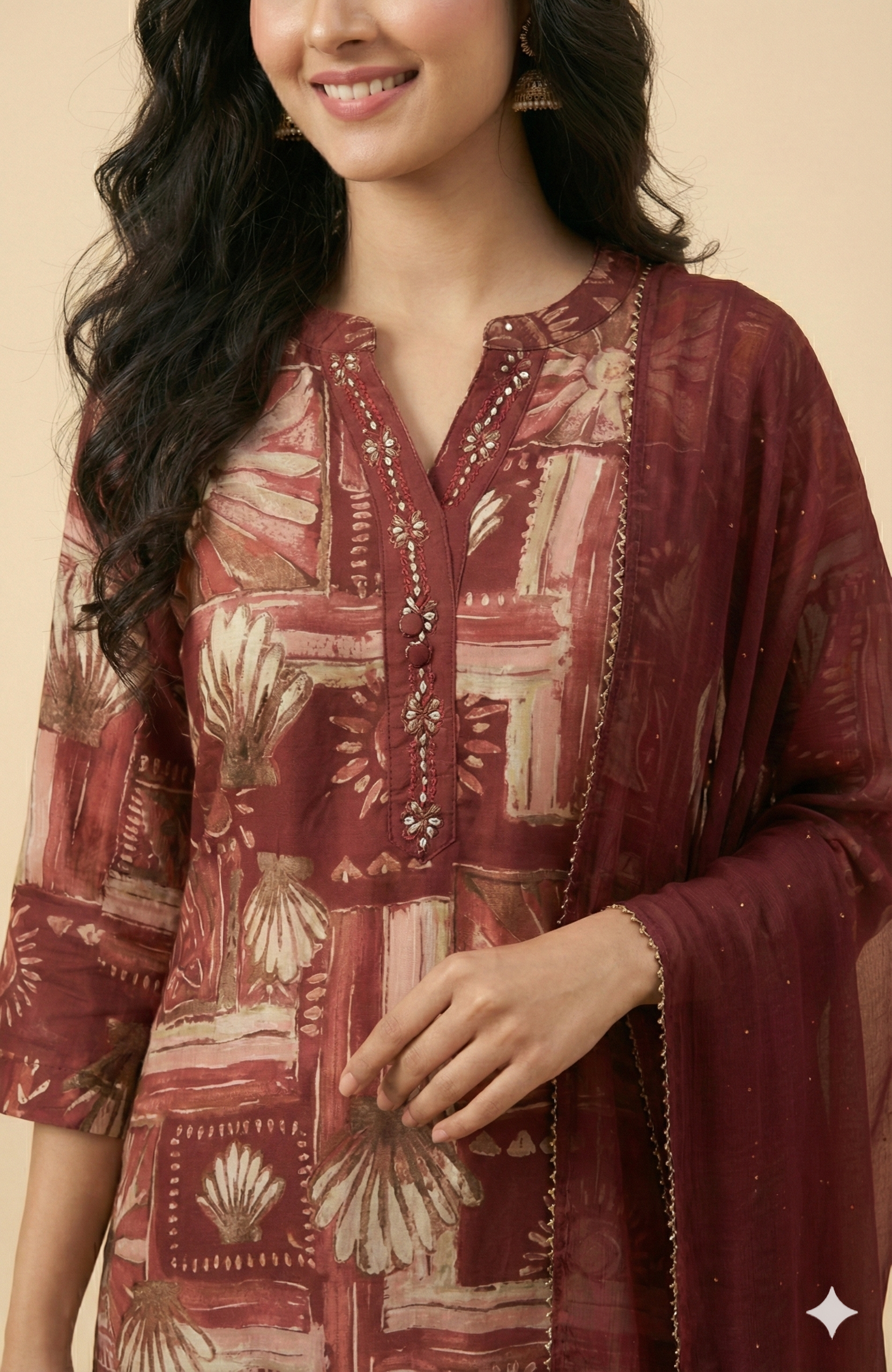 Elegant Maroon Floral Printed Straight Cut Salwar Suit Adorned With Mirror & Sequin On The Neckline