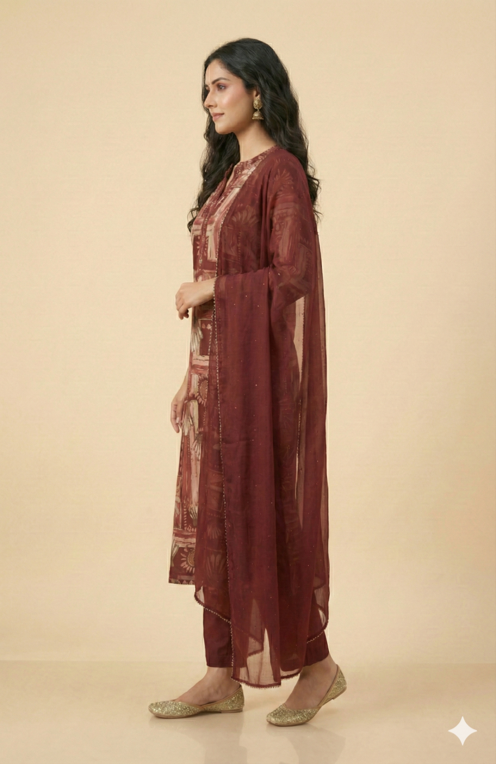 Elegant Maroon Floral Printed Straight Cut Salwar Suit Adorned With Mirror & Sequin On The Neckline