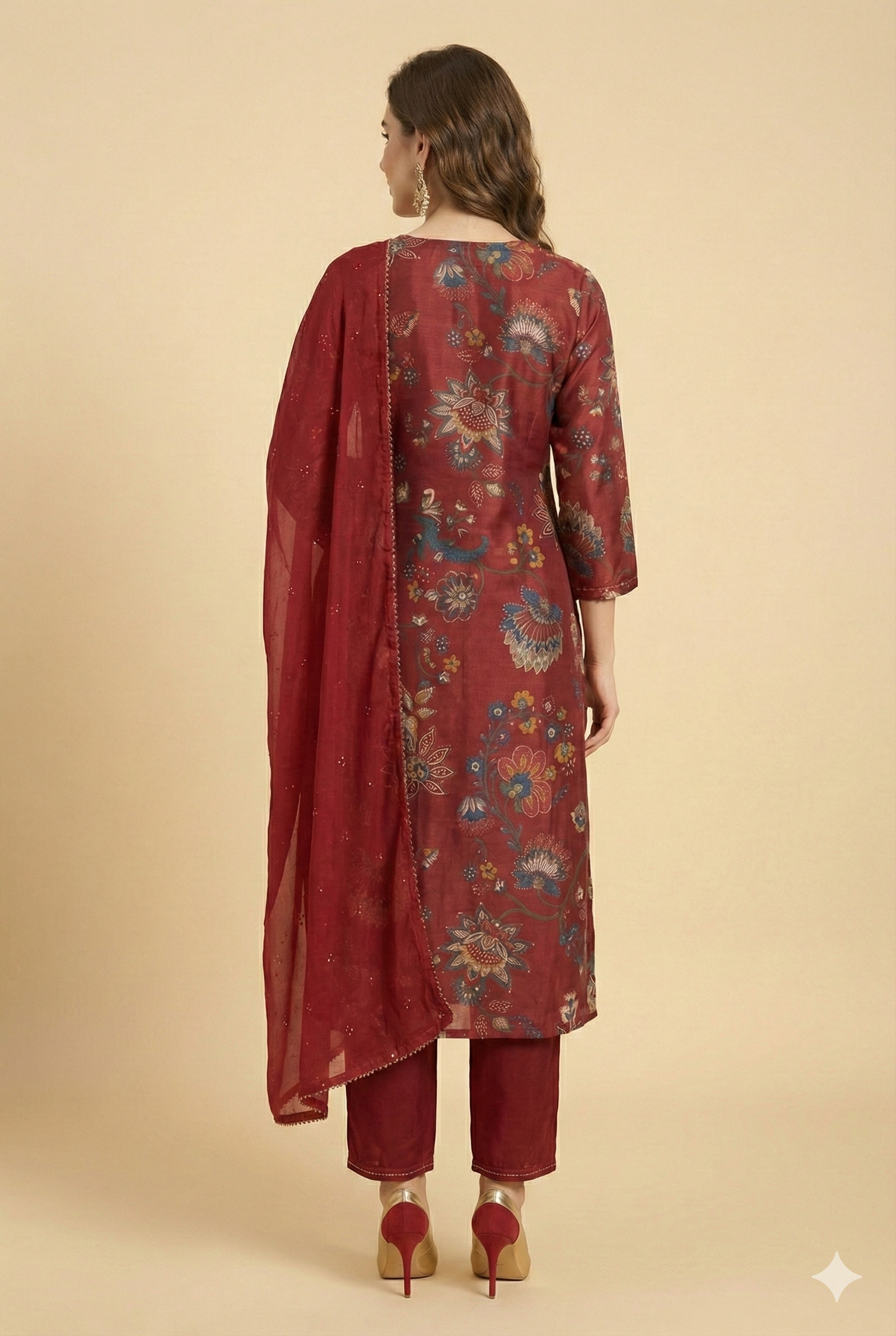 Red Straight-Cut Viscose Salwar Suit Featuring Beautiful All-Over Floral Prints
